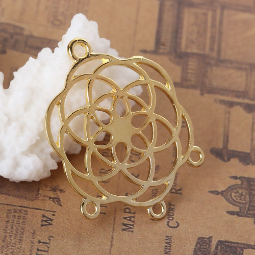 Picture of Zinc Based Alloy Flower Of Life Chandelier Connectors Flower Gold Plated Hollow 33mm x 25mm, 20 PCs