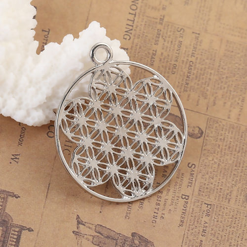 Picture of Zinc Based Alloy Flower Of Life Pendants Round Silver Tone Hollow 40mm(1 5/8") x 35mm(1 3/8"), 10 PCs
