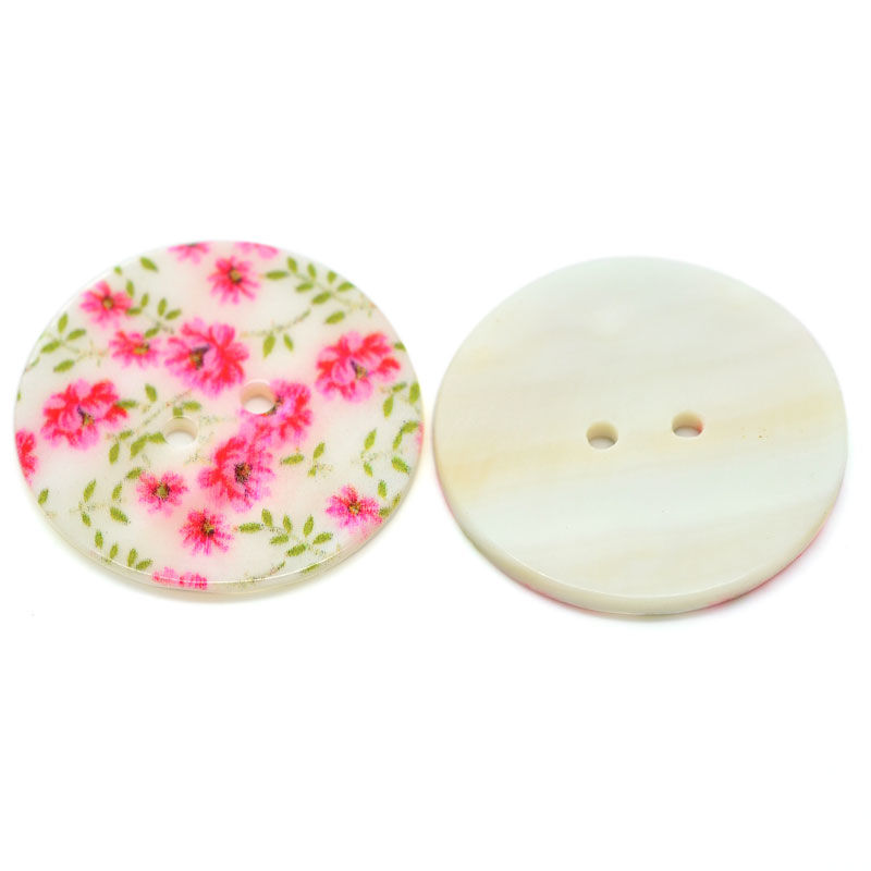 Picture of Natural Shell Buttons Round 2 Holes Multicolor Flower Pattern 3cm Dia,20PCs
