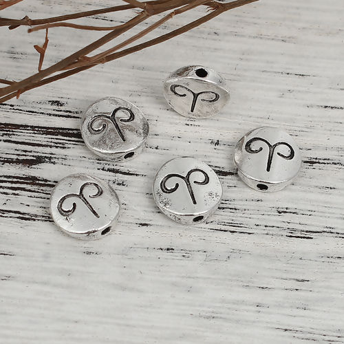 Picture of Zinc Based Alloy Spacer Beads Round Antique Silver Color Aries Sign Of Zodiac Constellations About 10mm Dia, Hole: Approx 1.3mm, 50 PCs
