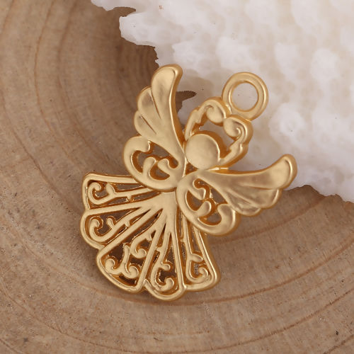 Imagen de Zamak Colgantes Charms Ángel Oro Mate Hueco 20mm x 14mm, 5 Unidades