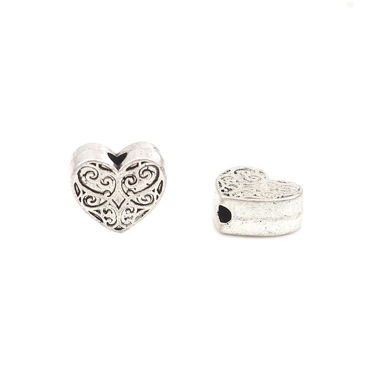 Immagine di Lega di Zinco Perline Cuore Argento Antico Intagliato Scolpisce Circa 10mm x 9mm, Foro:Circa 1.8mm, 100 Pz