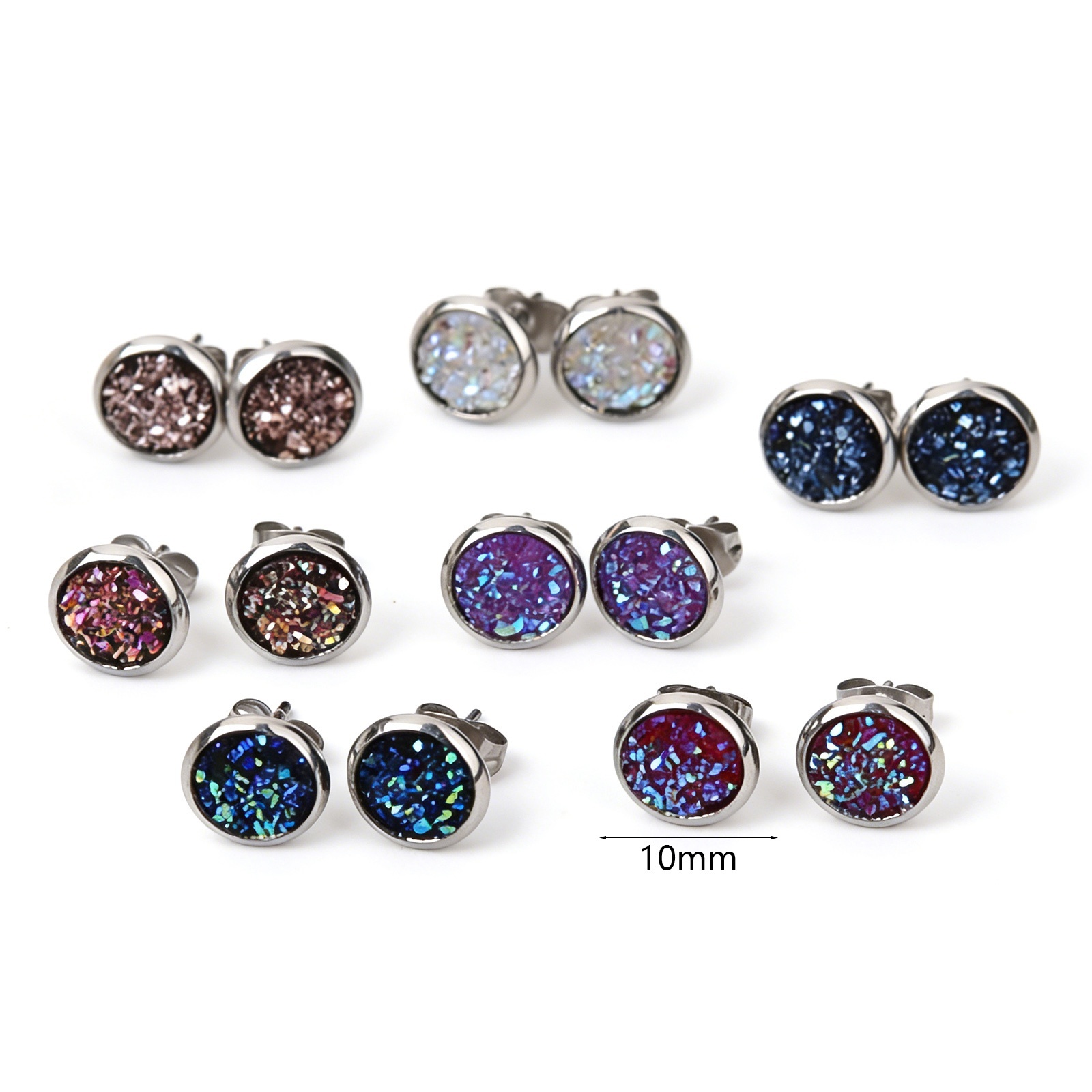 Imagen de 304 Acero Inoxidable Druzy/ Drusy Pendientes Tono de Plata Fucsia Ronda AB Color 10mm Dia., Post/ Wire Size: (19 gauge), 2 Pares”