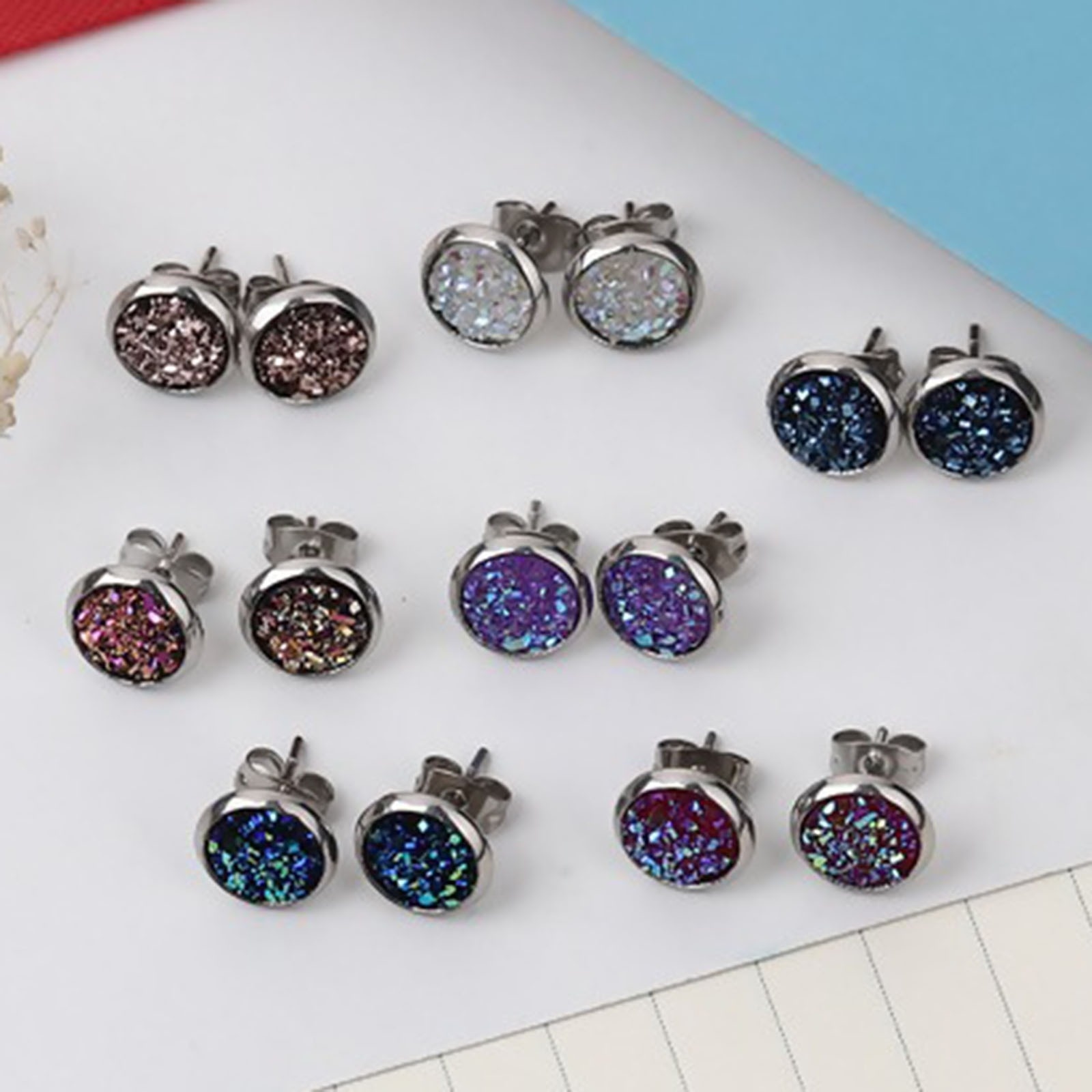Imagen de 304 Acero Inoxidable Druzy/ Drusy Pendientes Tono de Plata Fucsia Ronda AB Color 10mm Dia., Post/ Wire Size: (19 gauge), 2 Pares”