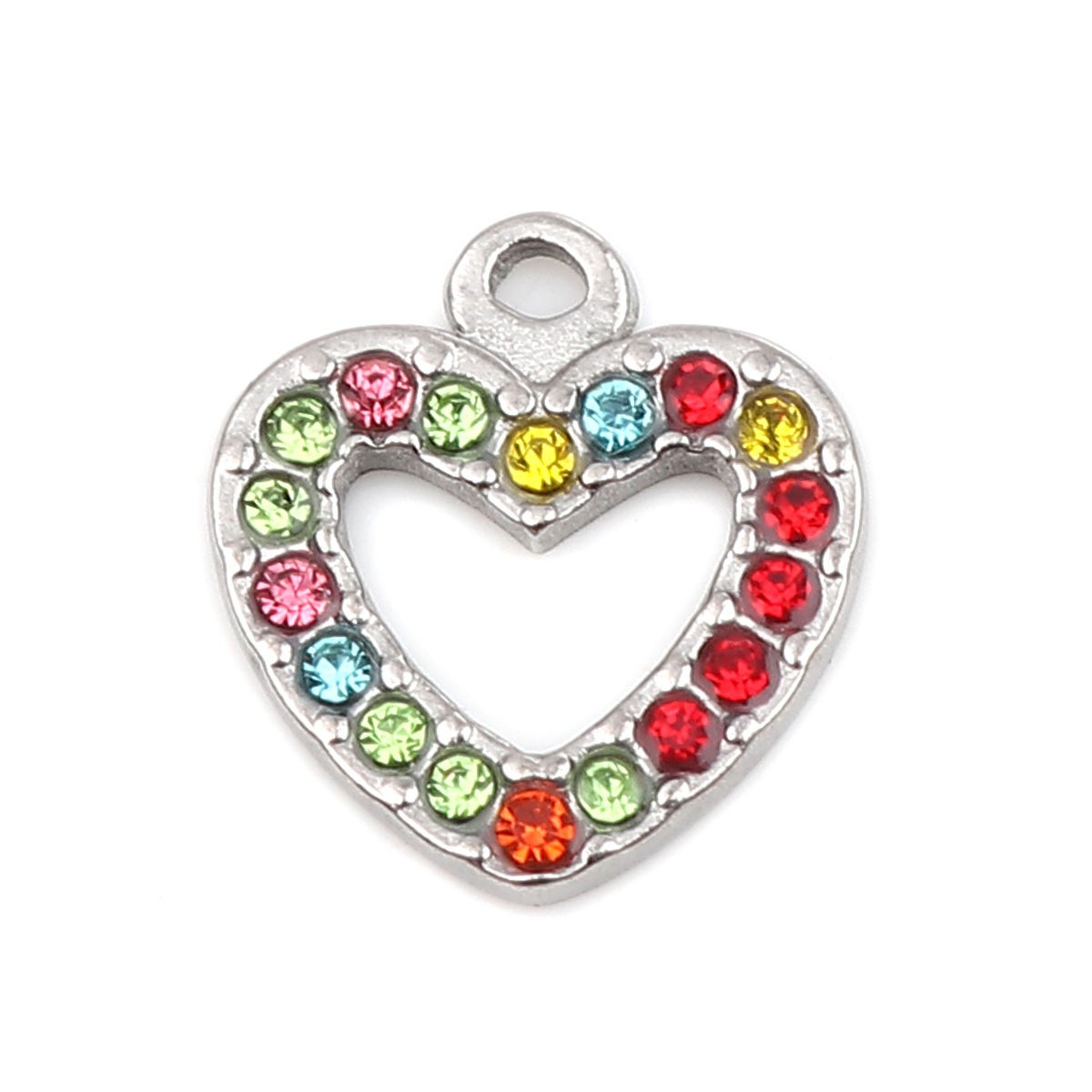 Immagine di 304 Acciaio Inossidabile Charms Cuore Tono Argento Multicolore Strass 15mm x 14mm, 2 Pz