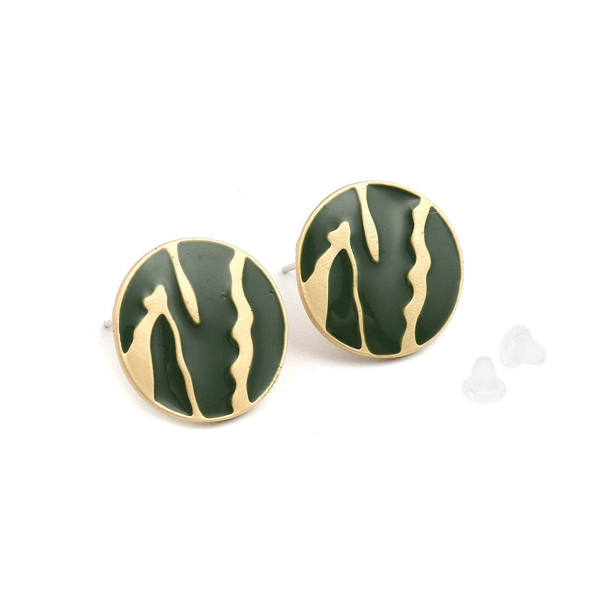 Picture of Zinc Based Alloy Enamel Ear Post Stud Earrings Findings Round Matt Gold Green Stripe W/ Loop 18mm Dia., Post/ Wire Size: (21 gauge), 4 PCs