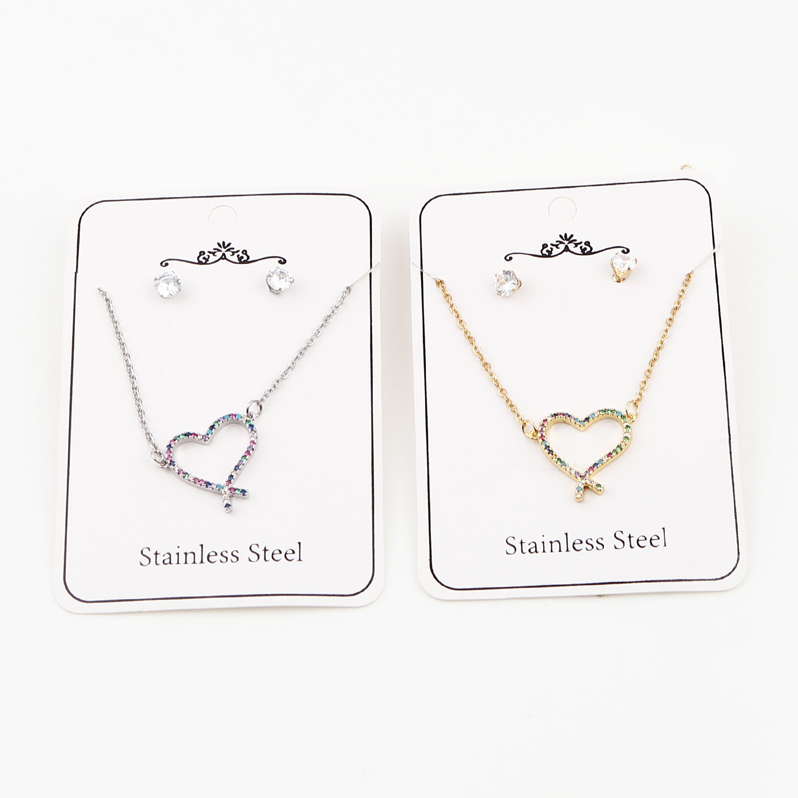 Picture of Stainless Steel & Copper Valentine's Day Jewelry Necklace Earrings Set Round Heart Micro Pave Multicolour Cubic Zirconia 