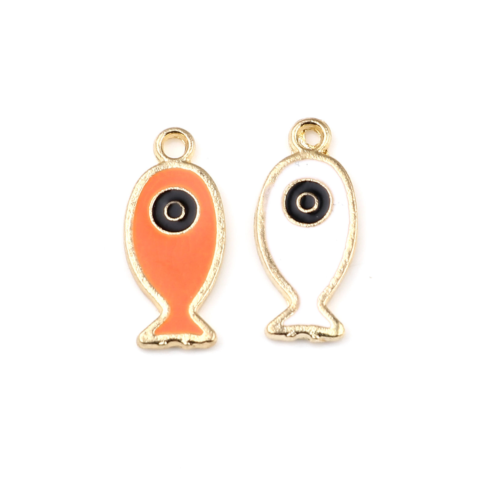 Picture of Zinc Based Alloy Ocean Jewelry Charms Fish Animal Gold Plated Black & Orange Evil Eye Enamel 25mm x 11mm, 10 PCs