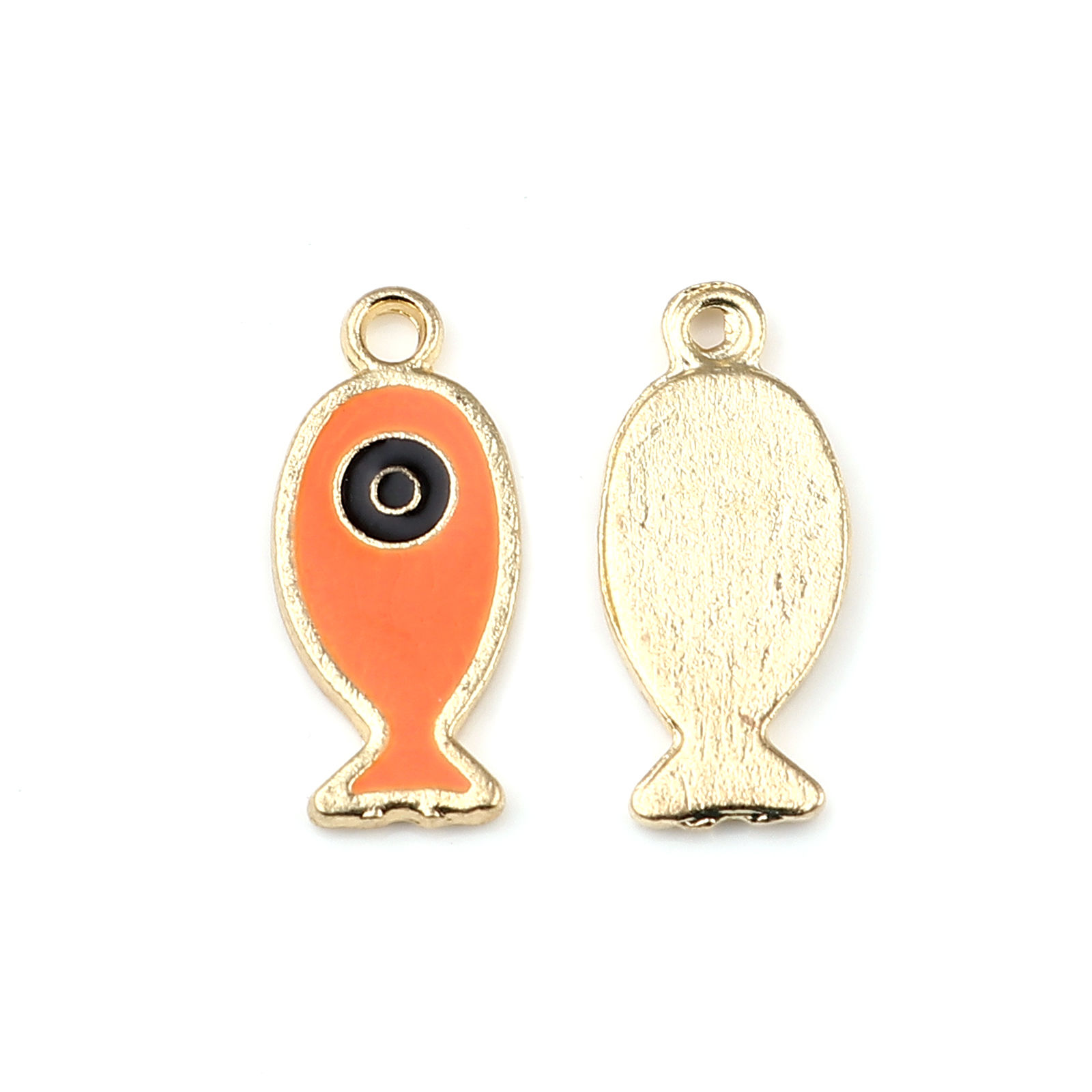 Picture of Zinc Based Alloy Ocean Jewelry Charms Fish Animal Gold Plated Black & Orange Evil Eye Enamel 25mm x 11mm, 10 PCs