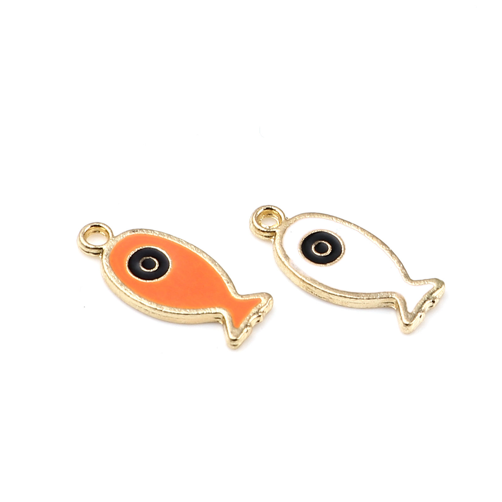 Picture of Zinc Based Alloy Ocean Jewelry Charms Fish Animal Gold Plated Black & Orange Evil Eye Enamel 25mm x 11mm, 10 PCs