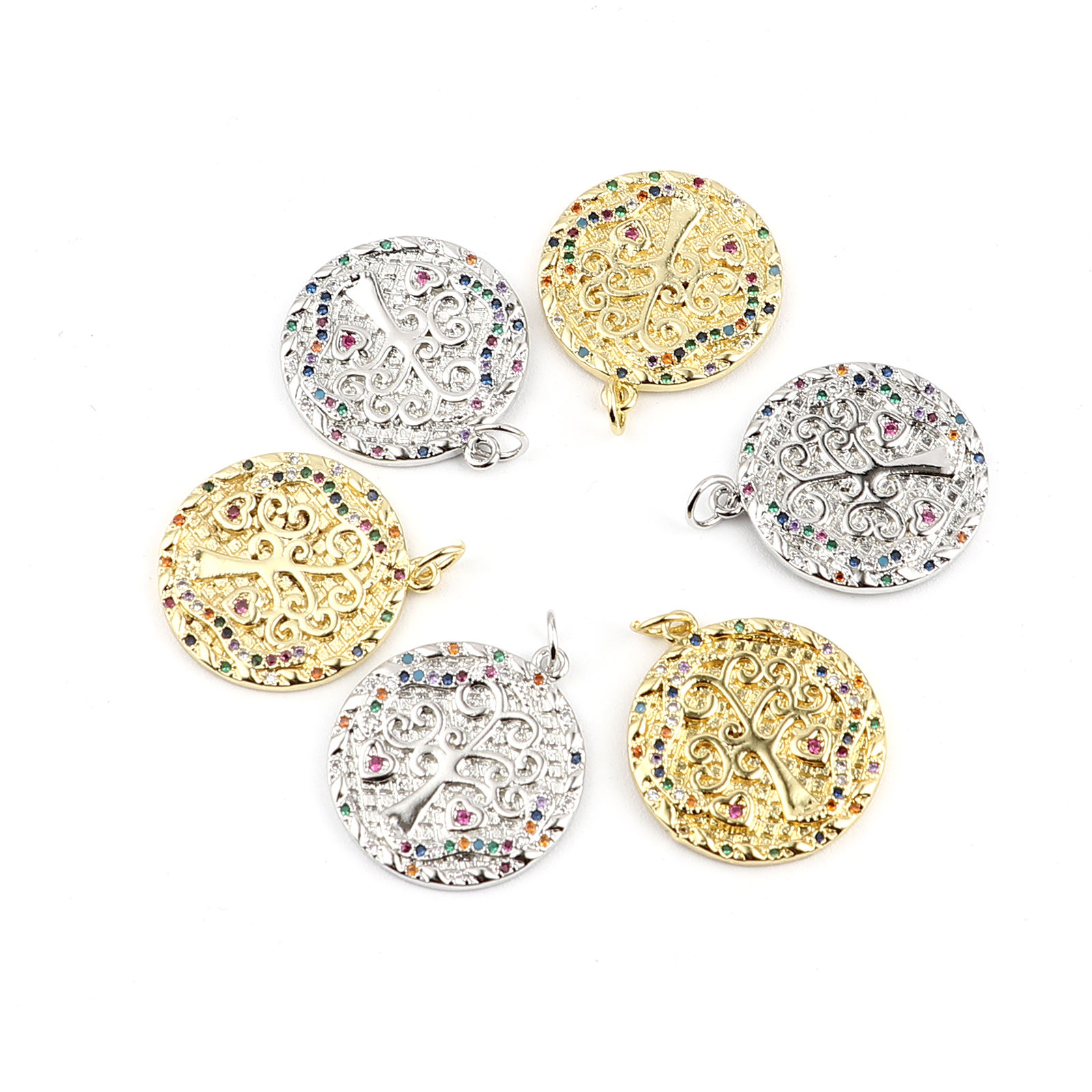 Picture of Brass Charms Round Tree Multicolor Rhinestone 26mm x 20mm, 1 Piece