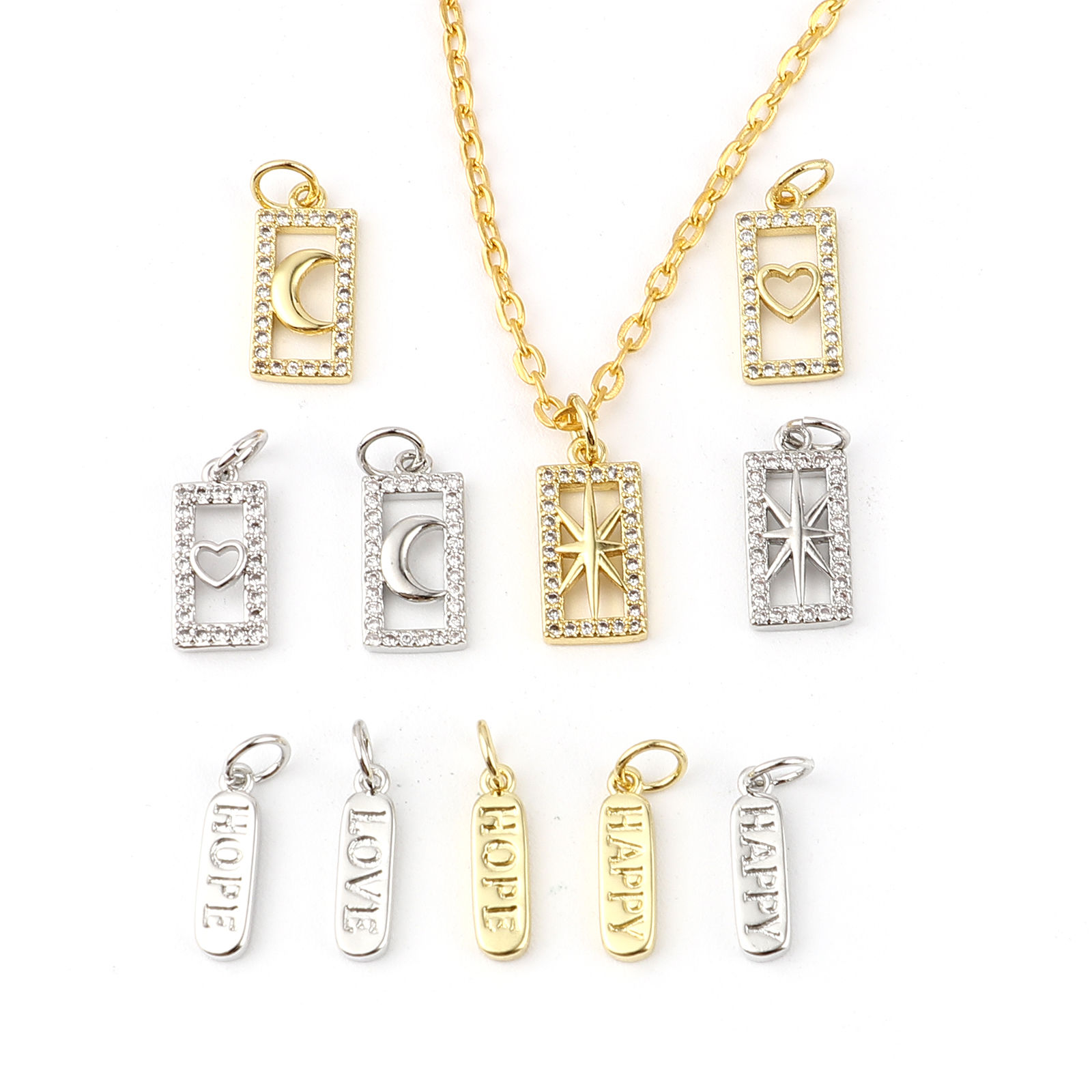 Picture of Brass Galaxy Charms Rectangle Moon Micro Pave Clear Rhinestone 18mm x 7mm, 2 PCs