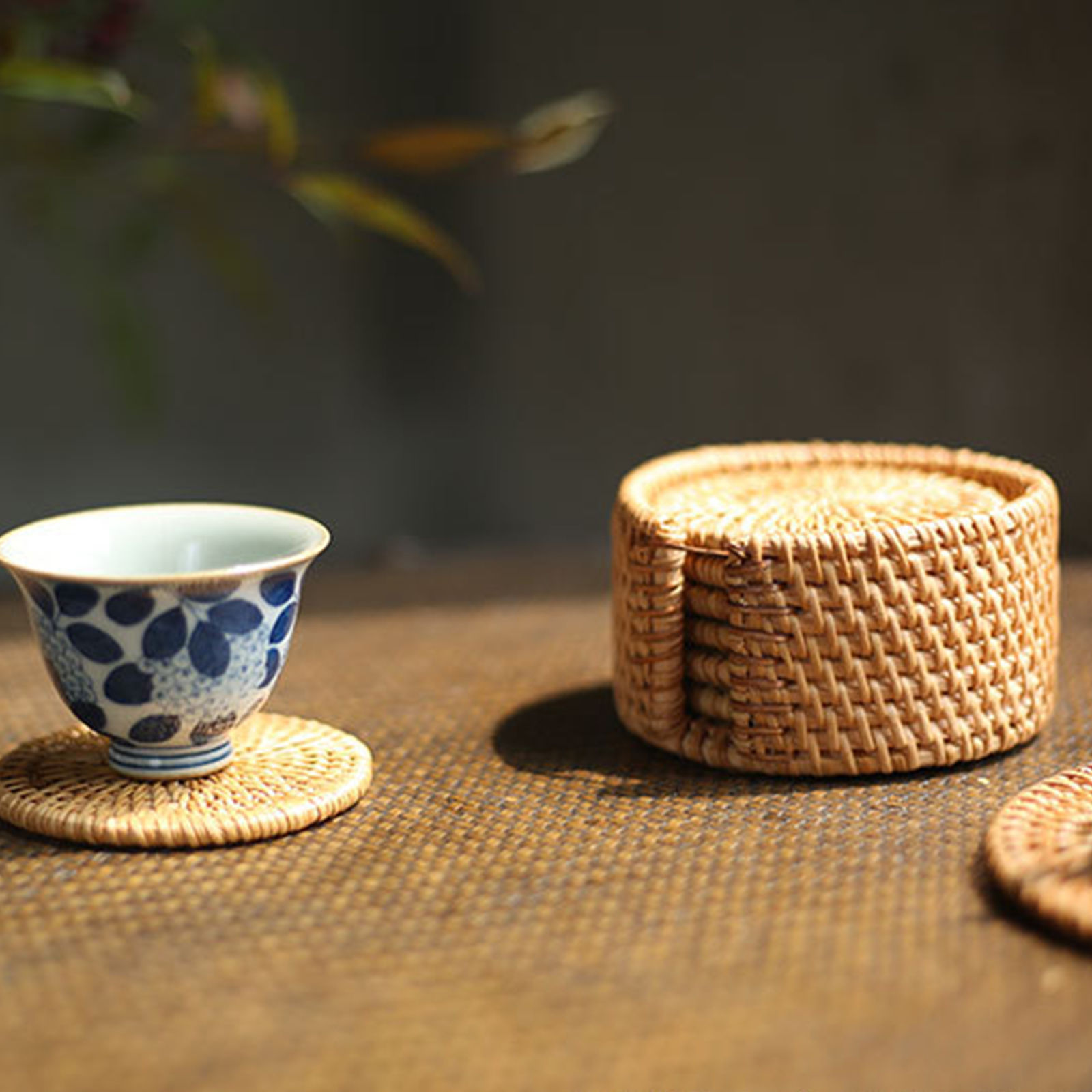 Imagen de Rattan Weaving Round Tea Coaster Mat Tea Ceremony Tools