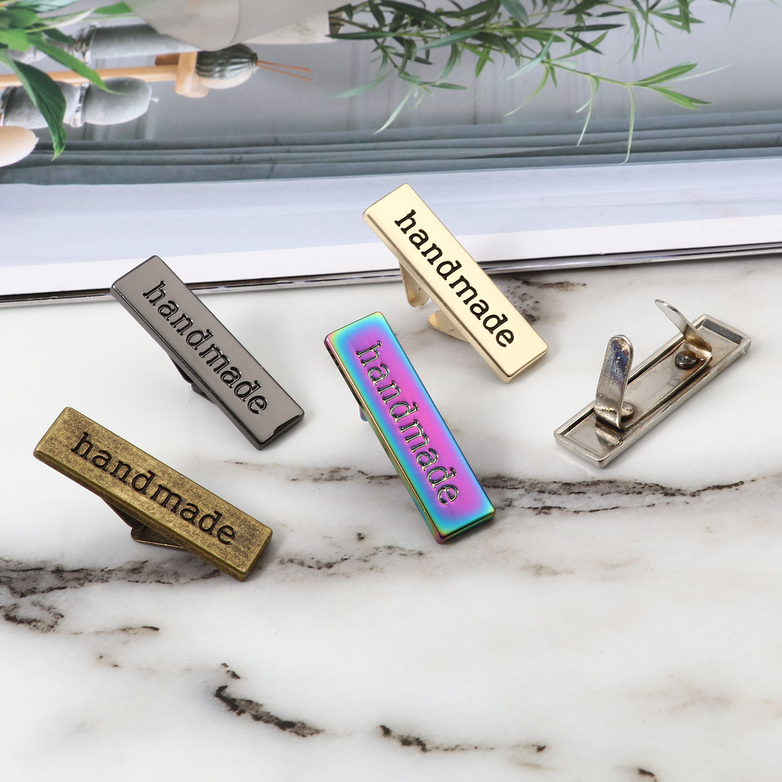 Picture of Zinc Based Alloy Label Tags Rectangle " Handmade " 36mm x 10mm 35mm x 12mm, 5 Sets ( 2 PCs/Set)