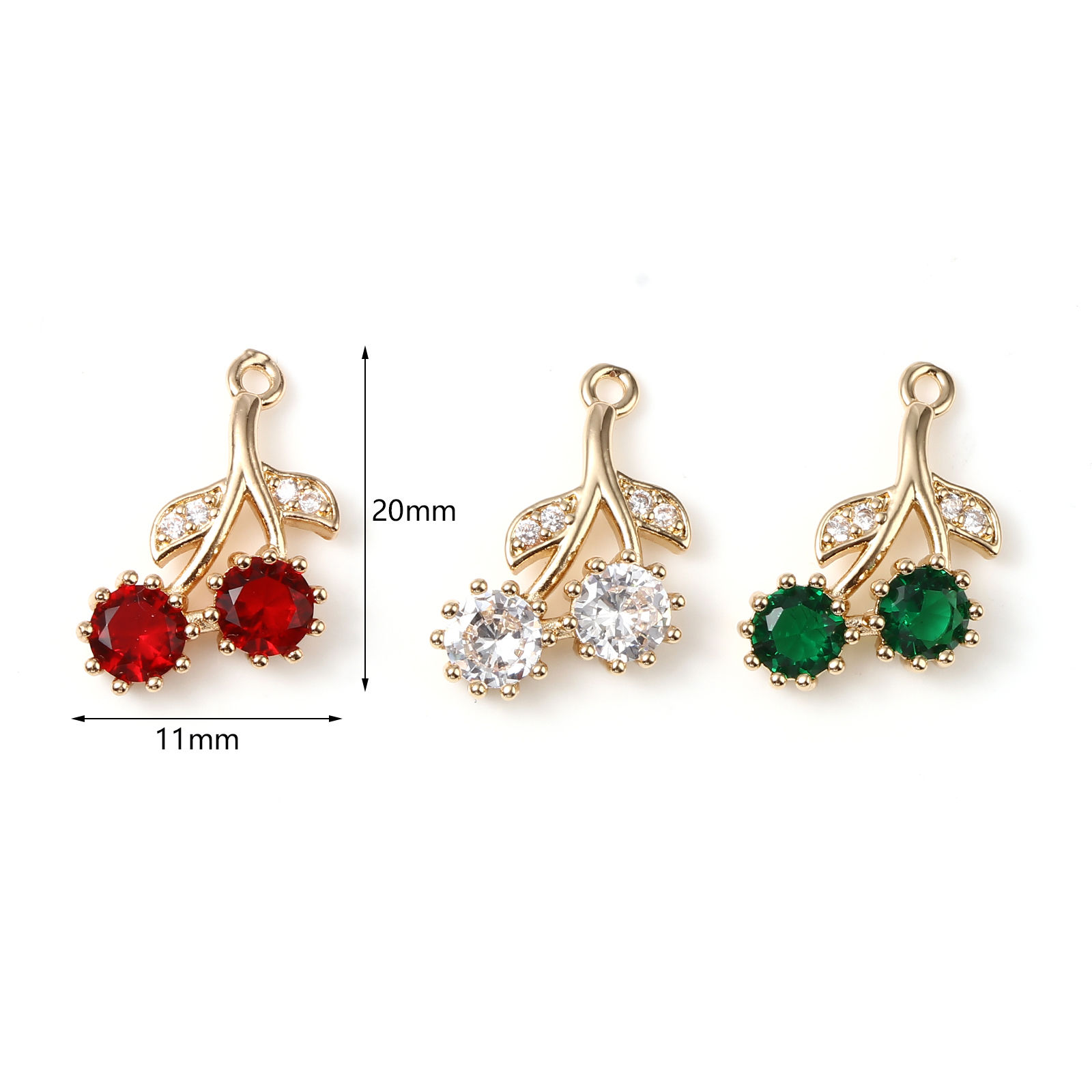 Picture of Brass Micro Pave Charms Wholesale Real Gold Plated Cherry Fruit 20mm x 11mm