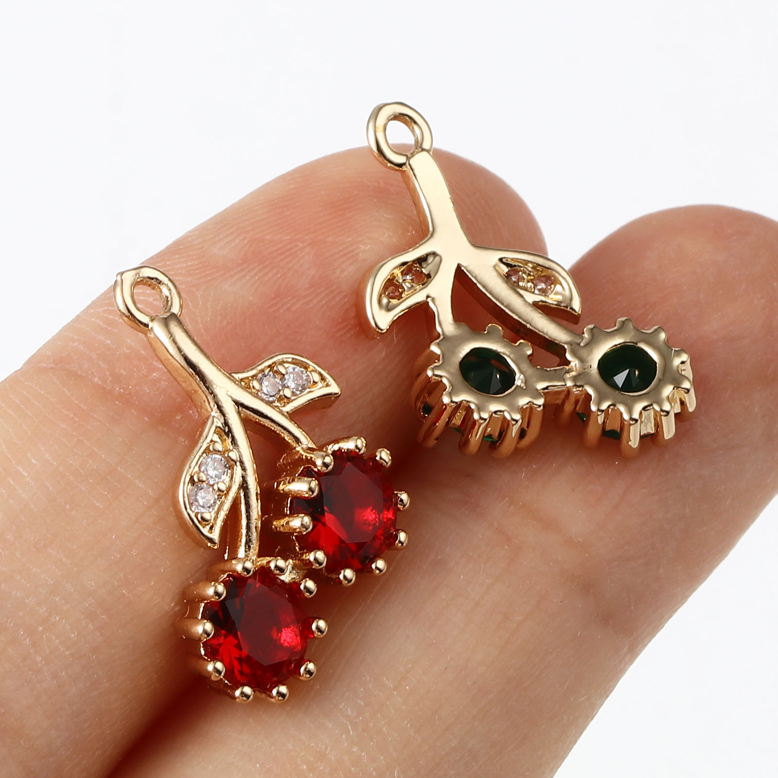 Picture of Brass Micro Pave Charms Wholesale Real Gold Plated Cherry Fruit 20mm x 11mm
