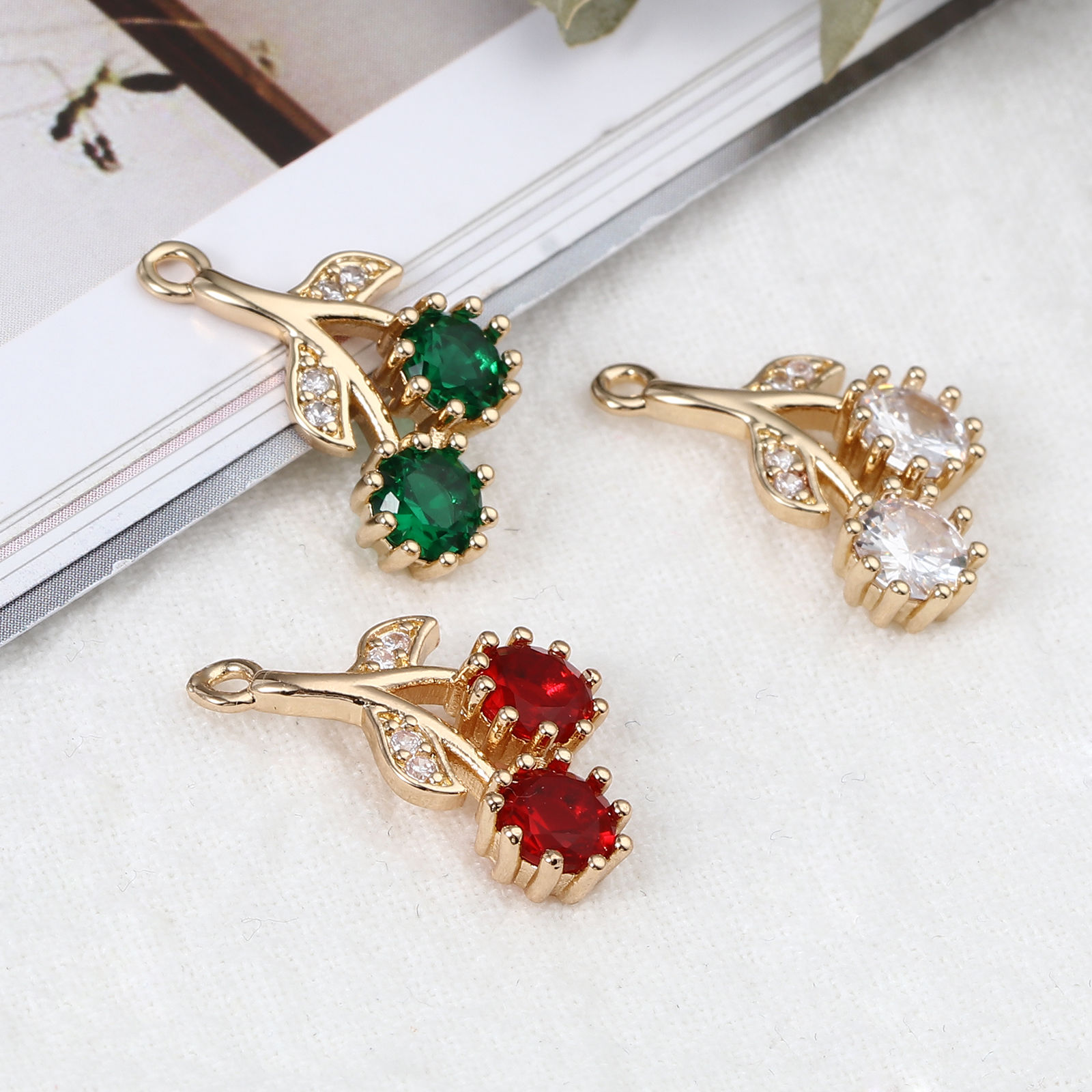 Picture of Brass Micro Pave Charms Wholesale Real Gold Plated Cherry Fruit 20mm x 11mm