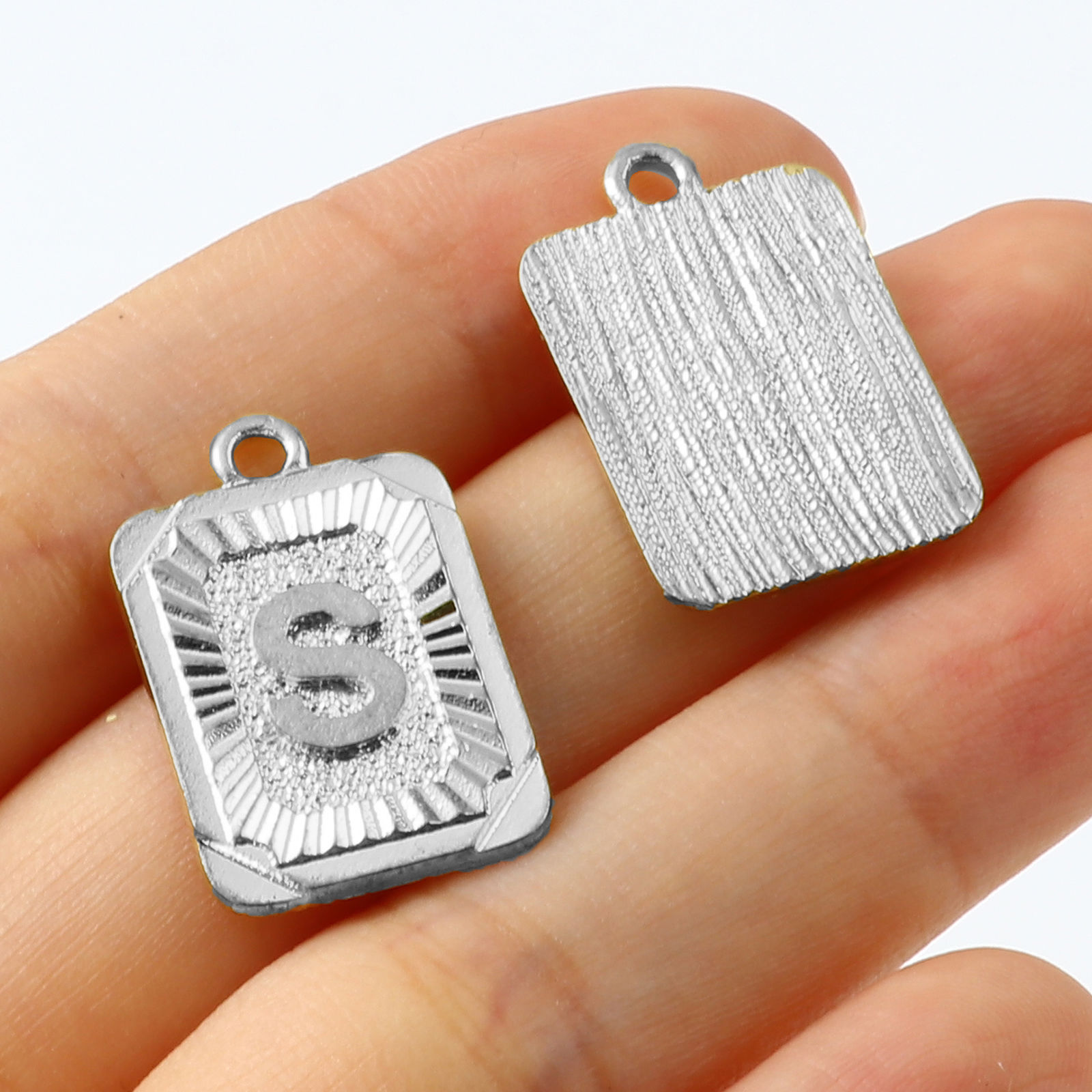 Picture of Zinc Based Alloy Charms Rectangle Silver Tone Initial Alphabet/ Capital Letter 23mm x 15mm, 10 PCs