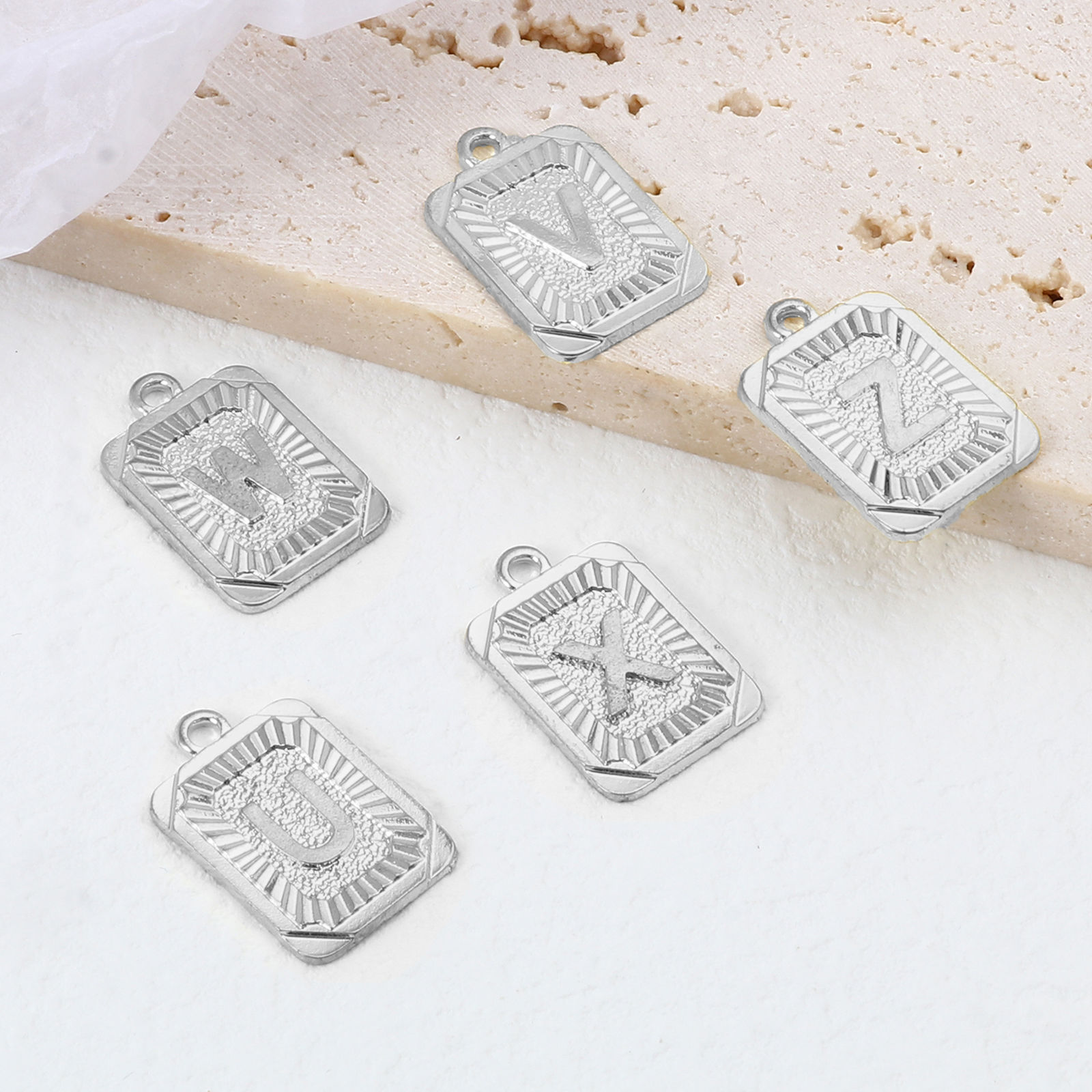 Picture of Zinc Based Alloy Charms Rectangle Silver Tone Initial Alphabet/ Capital Letter 23mm x 15mm, 10 PCs