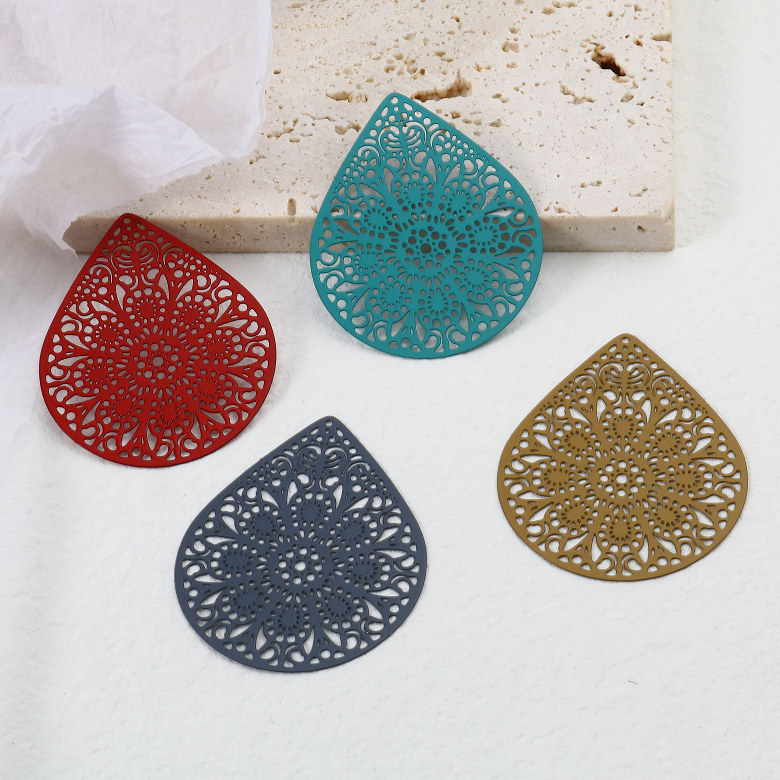 Picture of Iron Based Alloy Filigree Stamping Pendants Drop Multicolor Flower 4.9cm x 3.9cm, 10 PCs