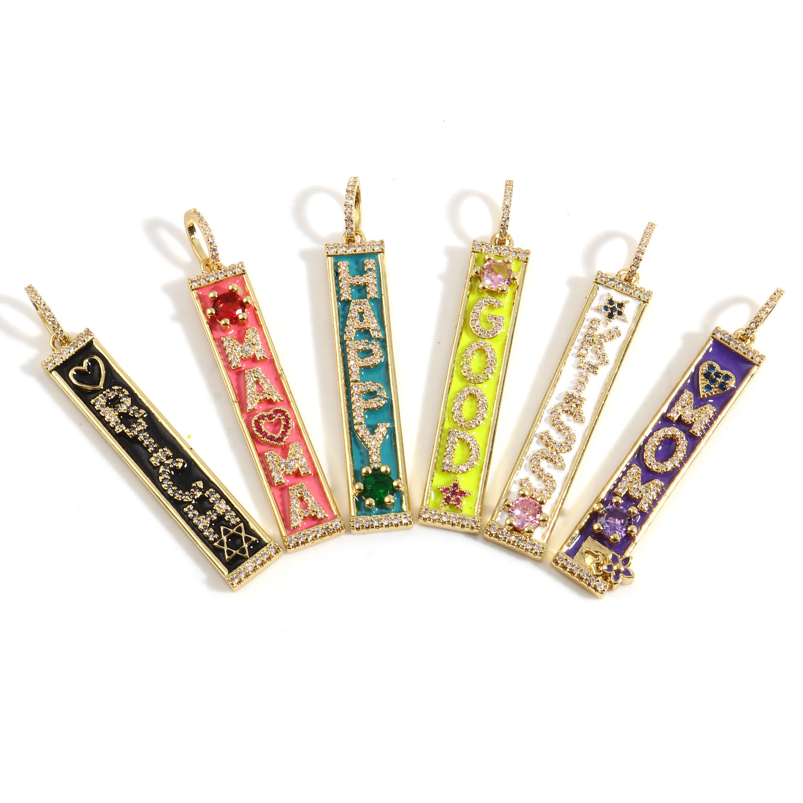 Picture of 1 Piece Brass Pendants 18K Real Gold Plated Rectangle Enamel Multicolour Cubic Zirconia