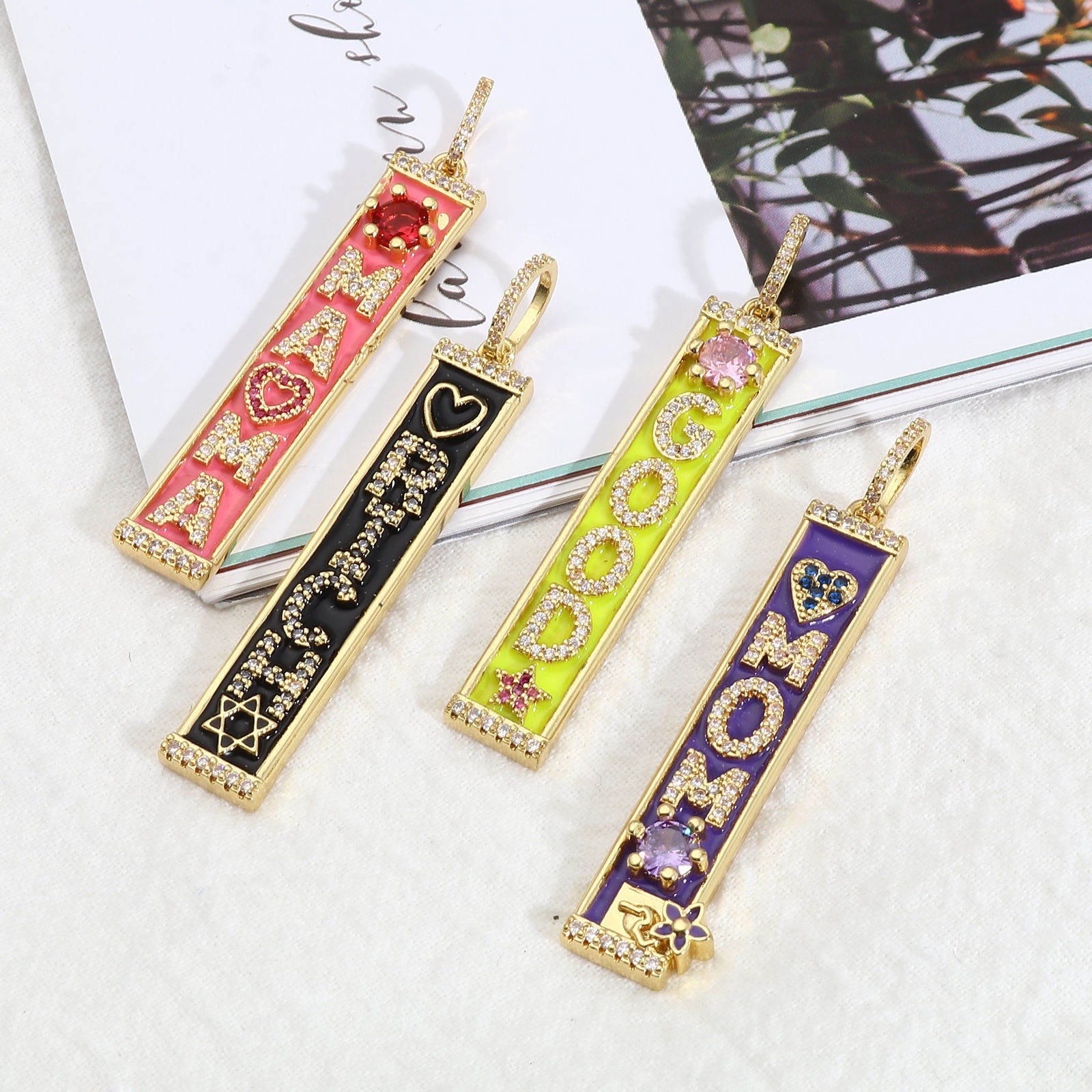 Picture of 1 Piece Brass Pendants 18K Real Gold Plated Rectangle Enamel Multicolour Cubic Zirconia