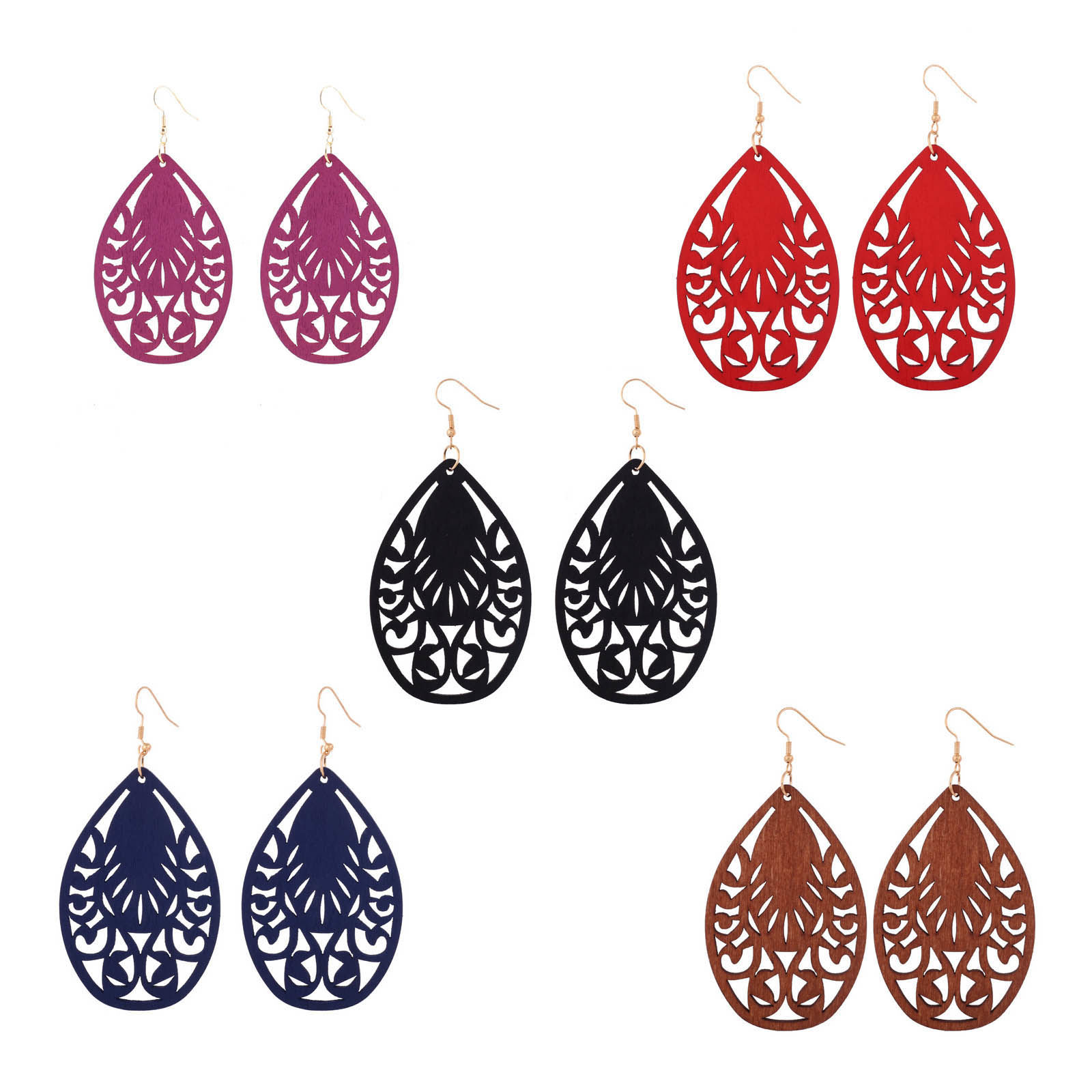 Picture of Natural Wood Earrings Multicolor Drop Filigree 7.5cm x 3.5cm, 1 Pair