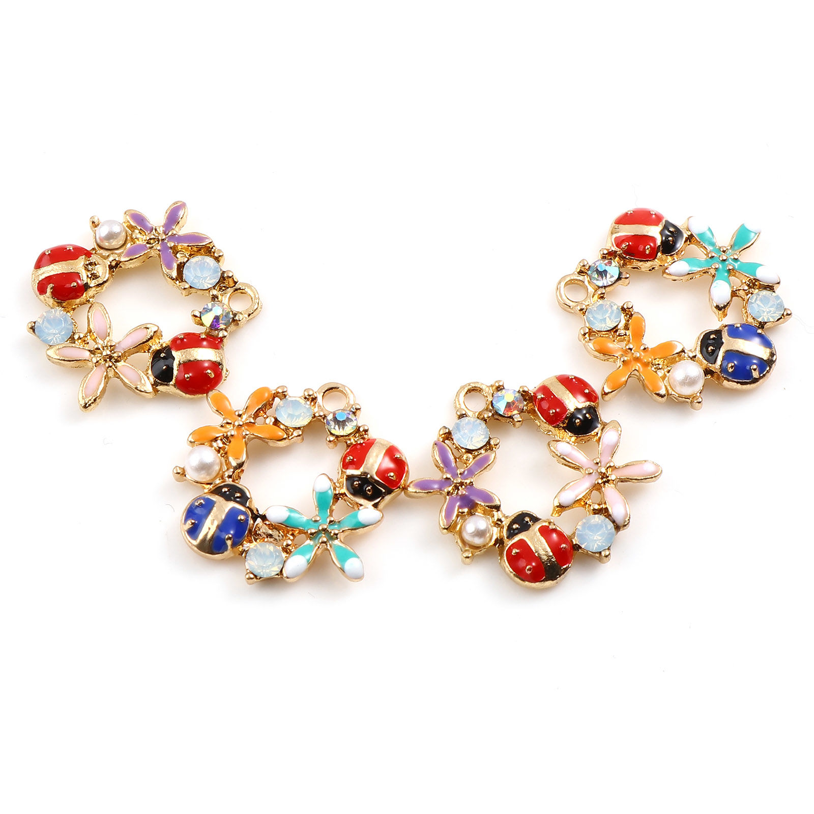 Picture of Zinc Based Alloy & Acrylic Insect Charms Ladybug Animal Gold Plated Multicolor Flower Imitation Pearl Light Green Rhinestone 20mm x 18mm, 5 PCs