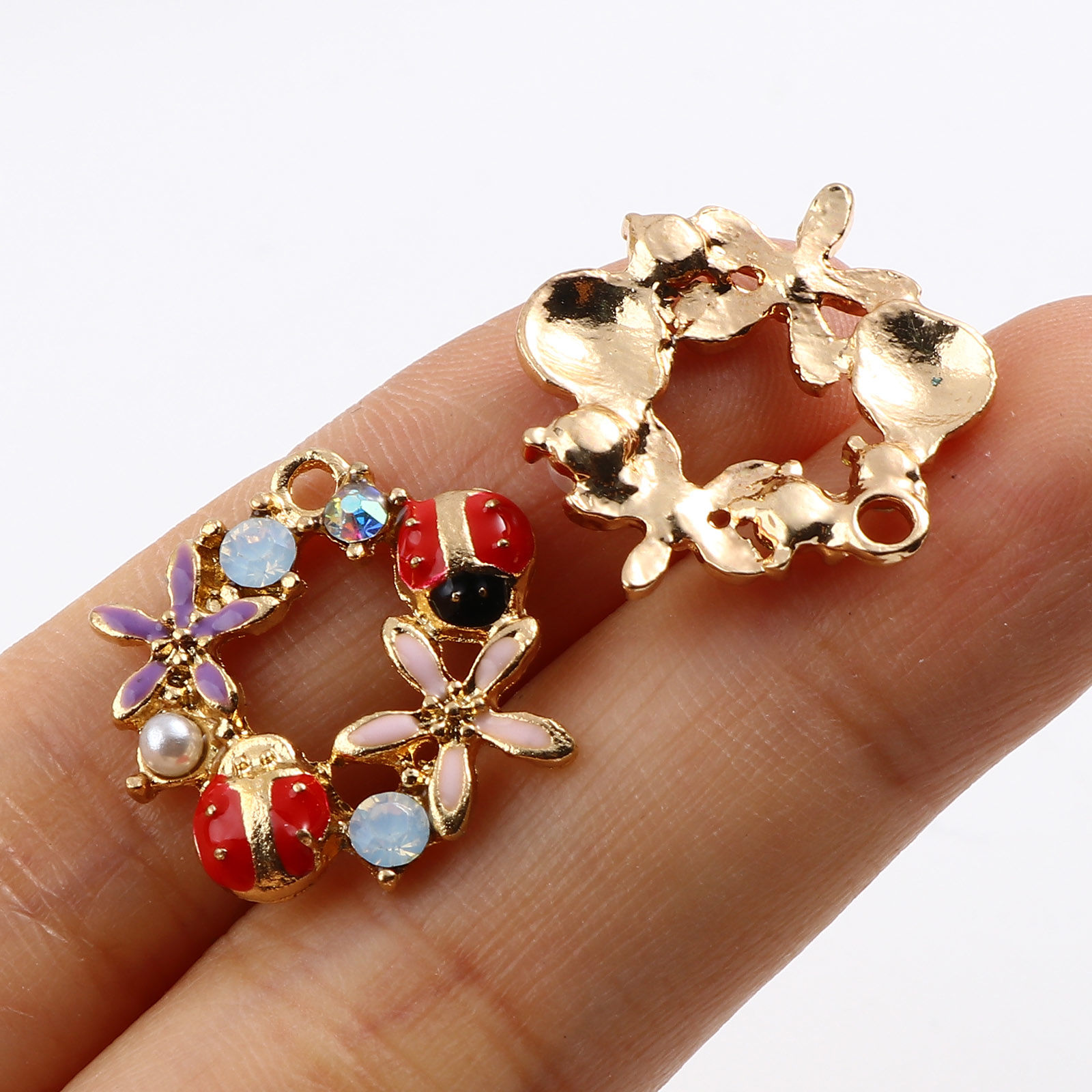 Picture of Zinc Based Alloy & Acrylic Insect Charms Ladybug Animal Gold Plated Multicolor Flower Imitation Pearl Light Green Rhinestone 20mm x 18mm, 5 PCs