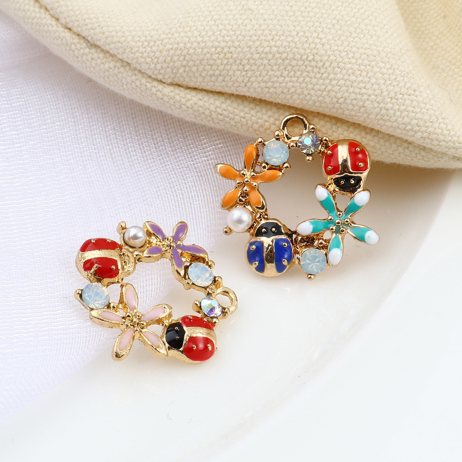 Picture of Zinc Based Alloy & Acrylic Insect Charms Ladybug Animal Gold Plated Multicolor Flower Imitation Pearl Light Green Rhinestone 20mm x 18mm, 5 PCs
