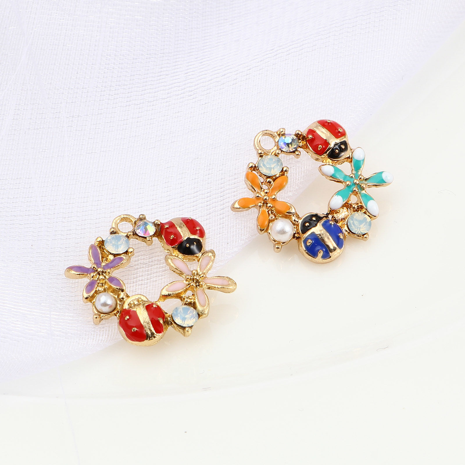 Picture of Zinc Based Alloy & Acrylic Insect Charms Ladybug Animal Gold Plated Multicolor Flower Imitation Pearl Light Green Rhinestone 20mm x 18mm, 5 PCs