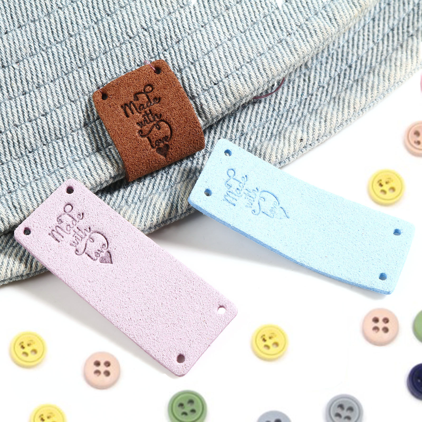 Picture of Microfiber Label Tags Rectangle Multicolor Heart Pattern " Made With Love " Faux Suede 50mm x 20mm , 10 PCs