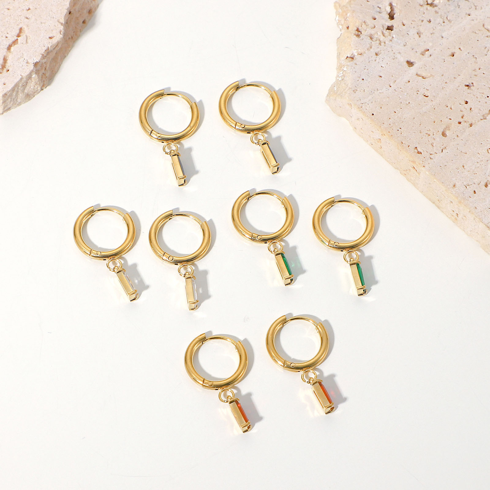 Picture of Eco-friendly Sweet & Cute Birthstone 14K Gold Plated Multicolor 304 Stainless Steel & Cubic Zirconia Rectangle Hoop Earrings For Women Birthday