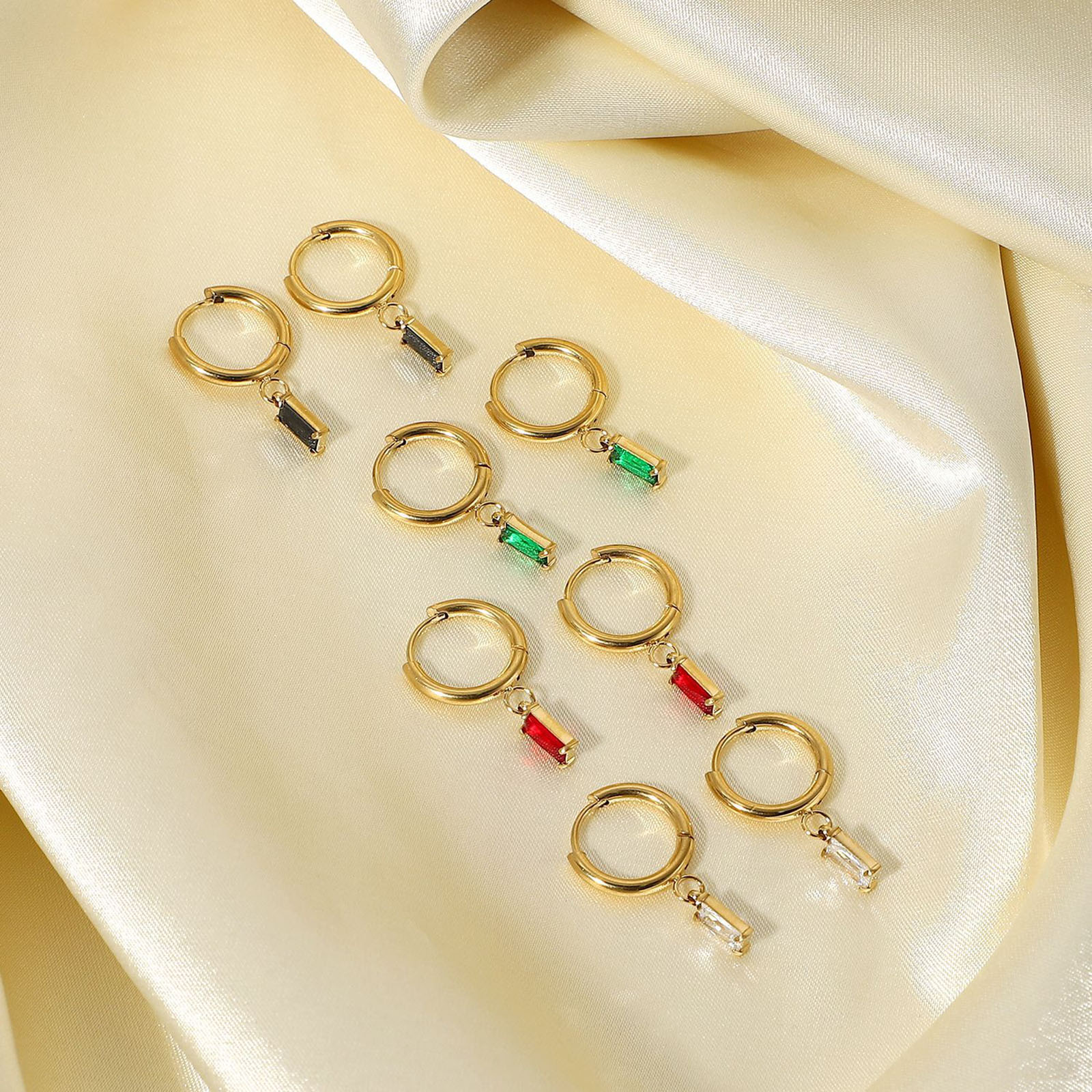 Picture of Eco-friendly Sweet & Cute Birthstone 14K Gold Plated Multicolor 304 Stainless Steel & Cubic Zirconia Rectangle Hoop Earrings For Women Birthday