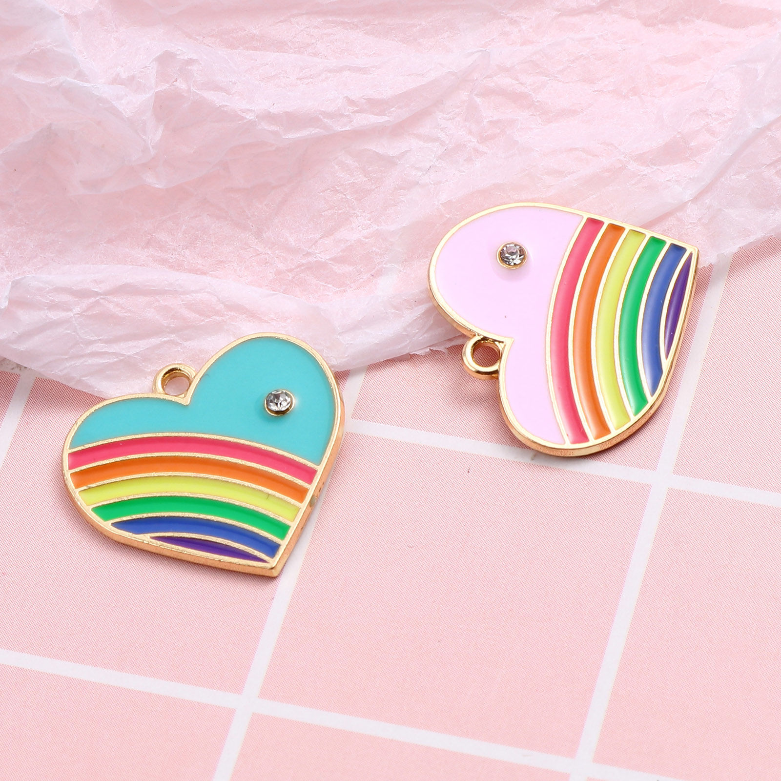 Picture of Zinc Based Alloy Valentine's Day Charms Heart Multicolor Rainbow White Rhinestone 23mm x 21mm, 10 PCs