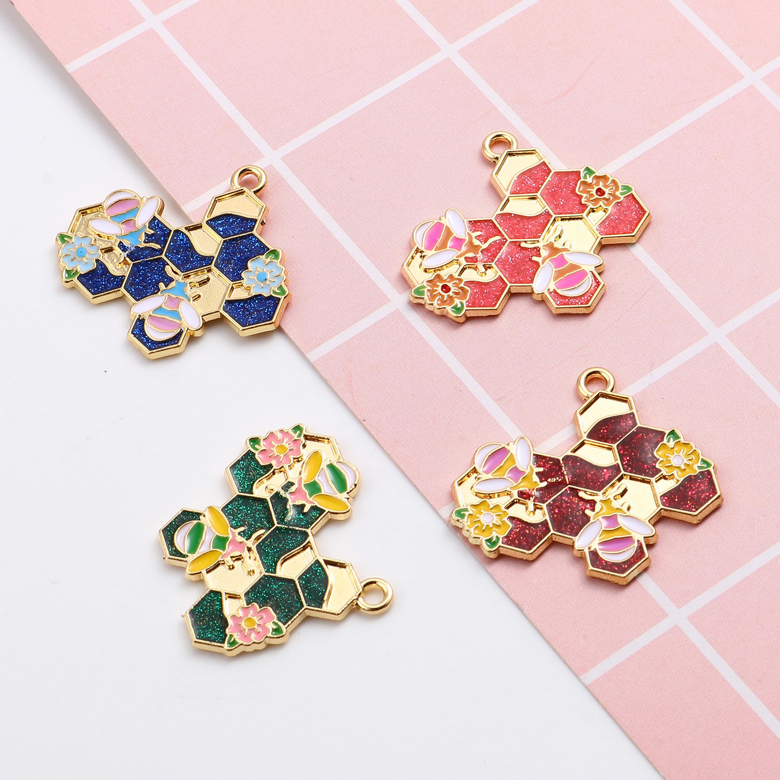 Picture of Zinc Based Alloy Insect Pendants Dainty Beehive Gold Plated Multicolor Bee Enamel 3cm x 2.8cm, 10 PCs