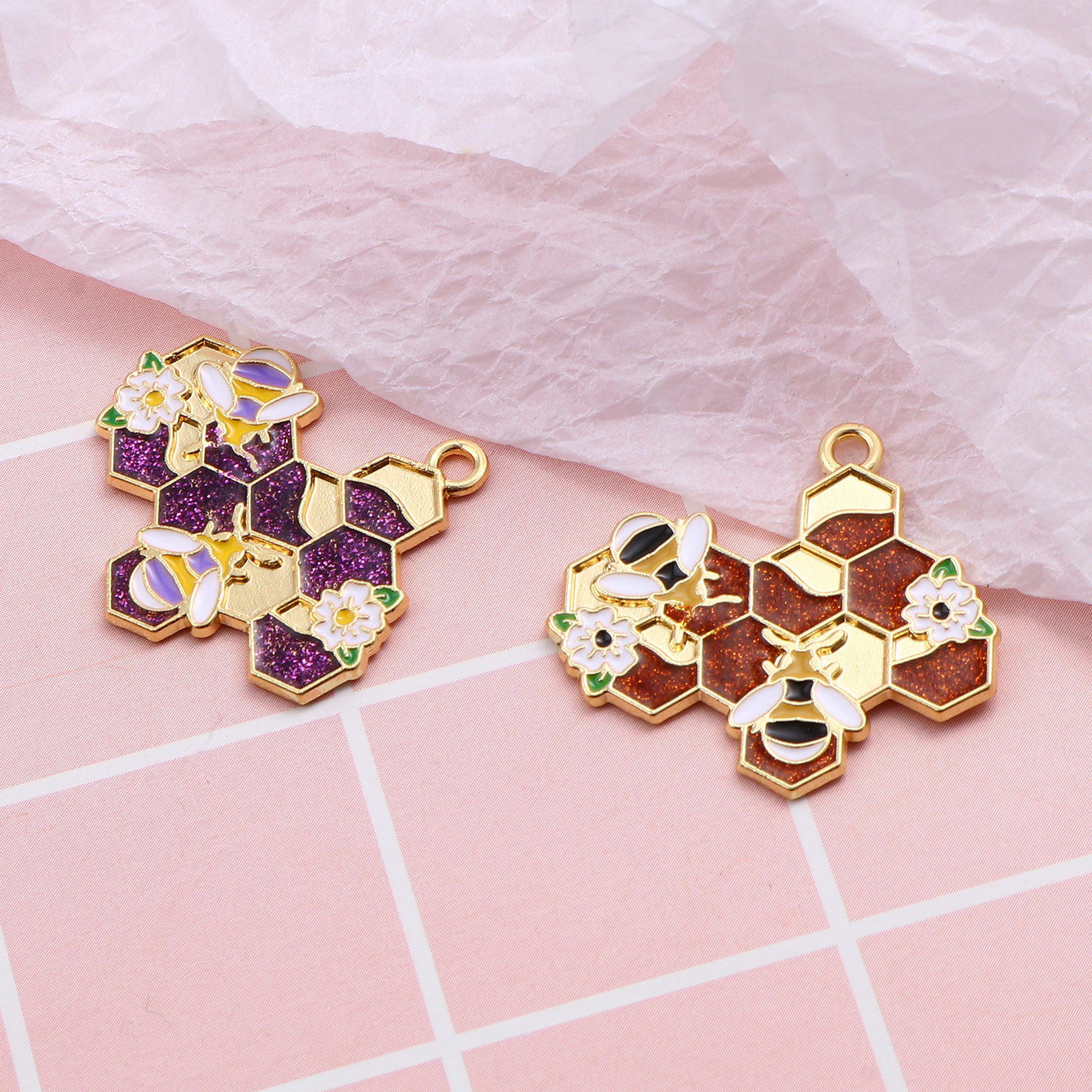 Picture of Zinc Based Alloy Insect Pendants Dainty Beehive Gold Plated Multicolor Bee Enamel 3cm x 2.8cm, 10 PCs
