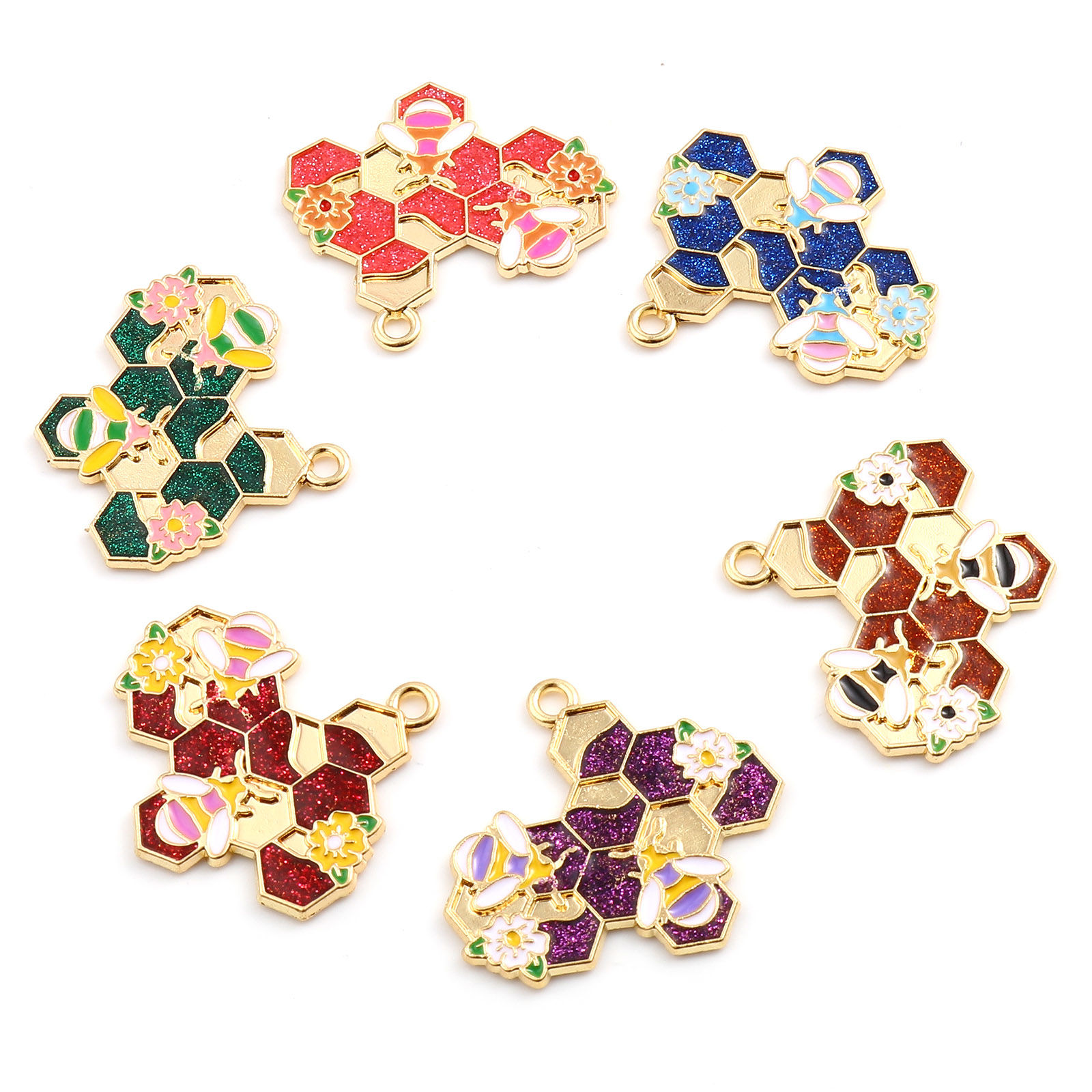 Picture of Zinc Based Alloy Insect Pendants Dainty Beehive Gold Plated Multicolor Bee Enamel 3cm x 2.8cm, 10 PCs