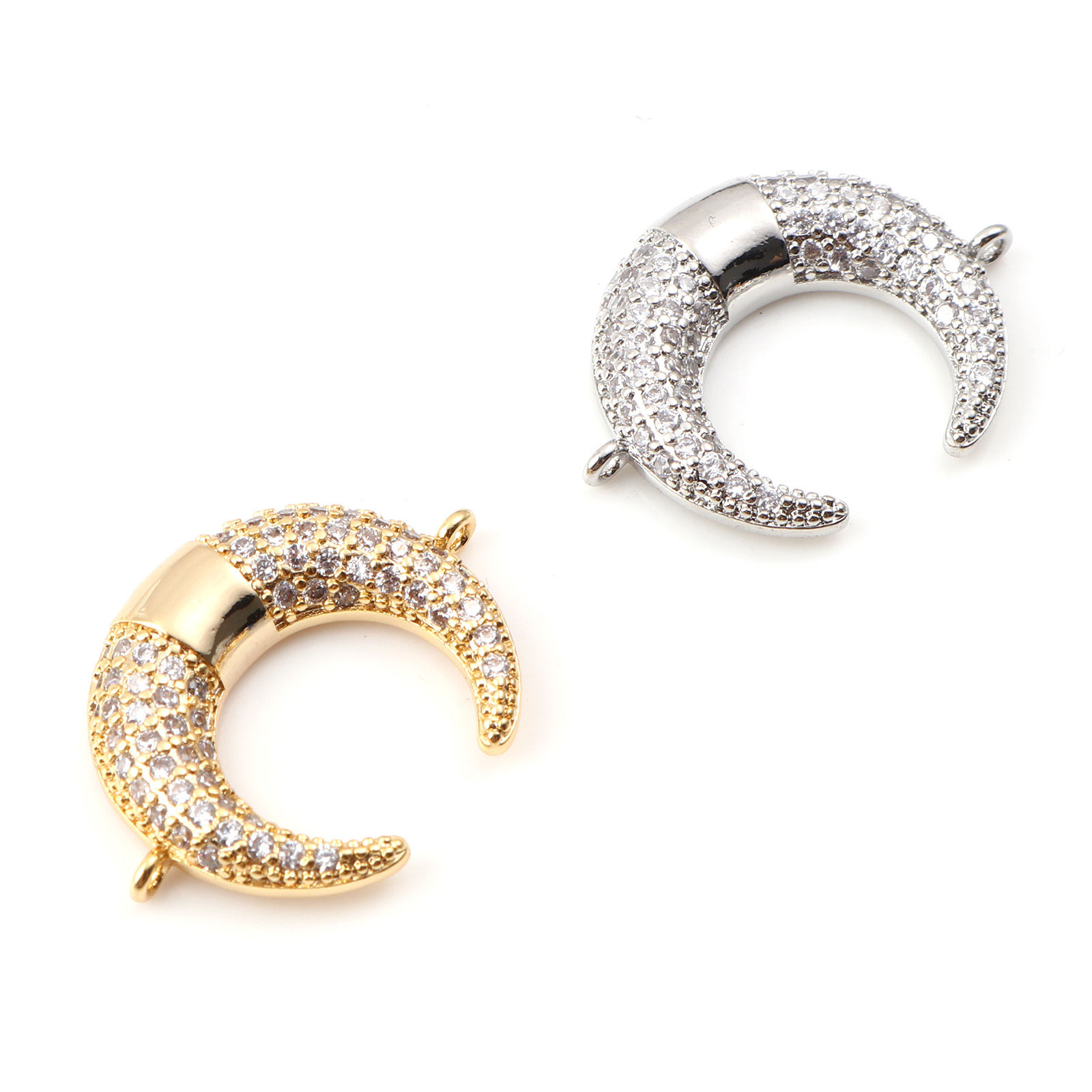 Picture of Brass Micro Pave Connectors Multicolor Crescent Moon Double Horn Clear Cubic Zirconia