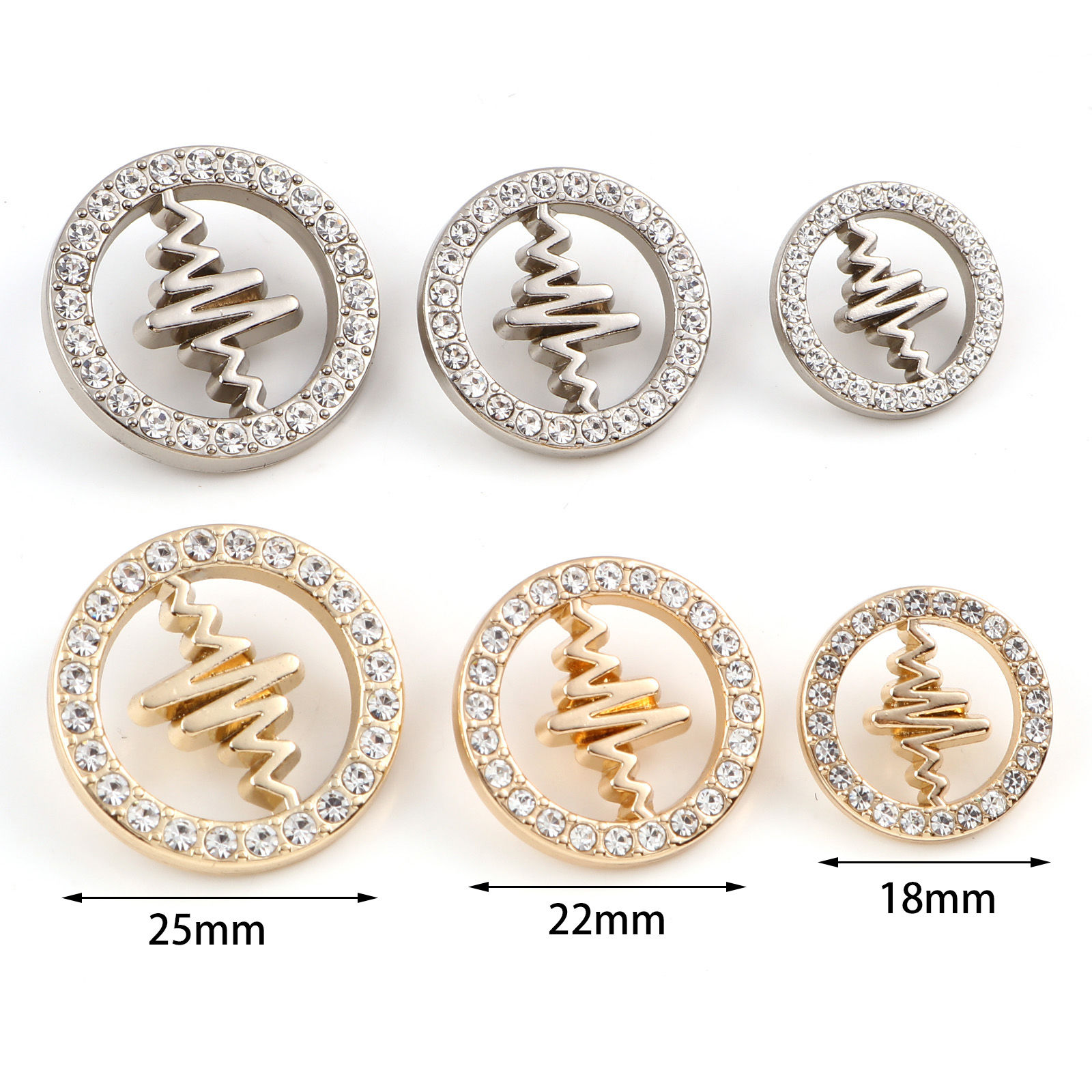 Picture of Zinc Based Alloy Medical Metal Sewing Shank Buttons Buttons Single Hole Round Multicolor Medical Heartbeat/ Electrocardiogram Carved White Rhinestone