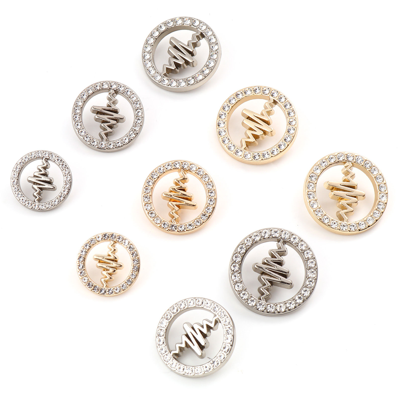 Picture of Zinc Based Alloy Medical Metal Sewing Shank Buttons Buttons Single Hole Round Multicolor Medical Heartbeat/ Electrocardiogram Carved White Rhinestone