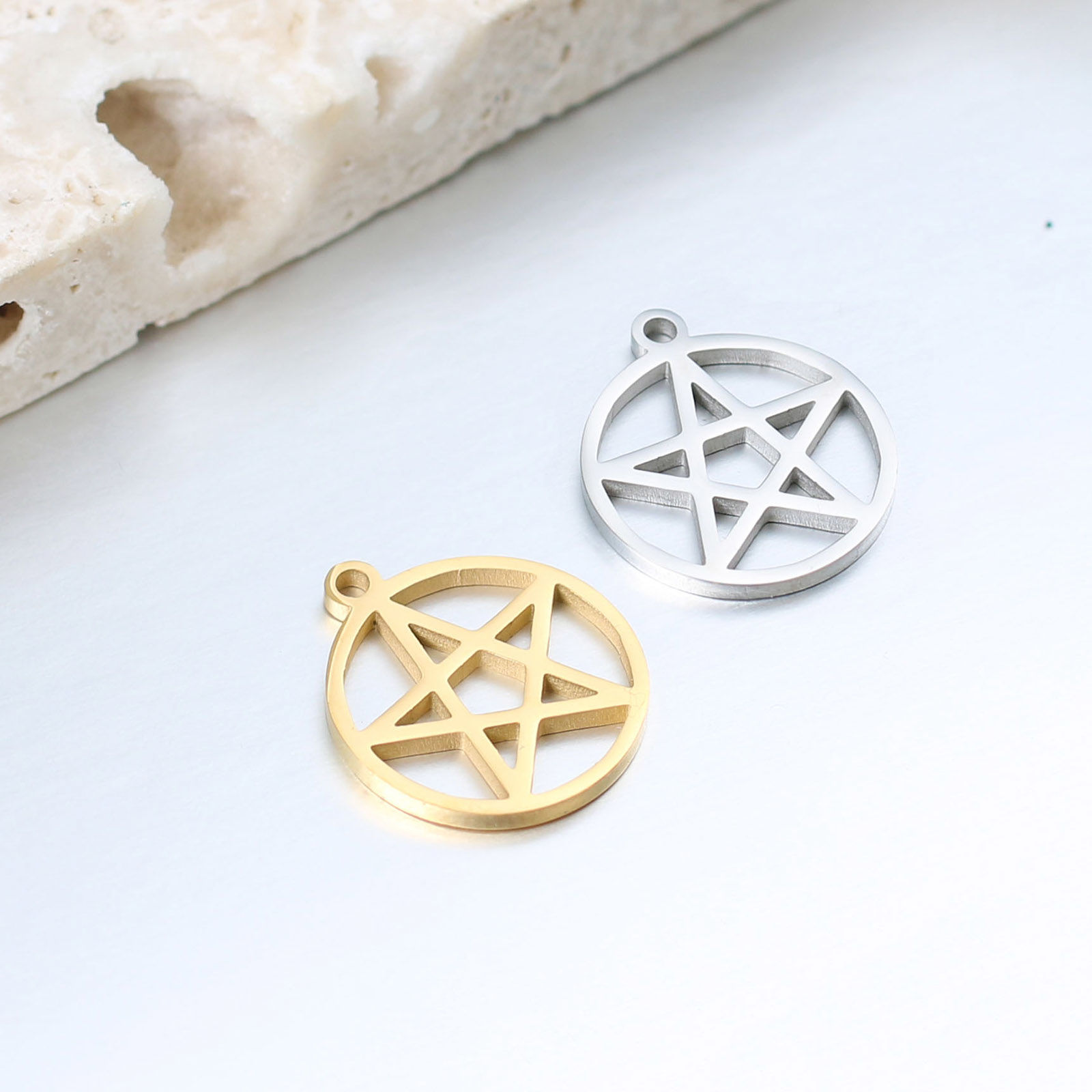 Picture of 304 Stainless Steel Charms Multicolor Round Pentagram Star Hollow 17mm x 15mm