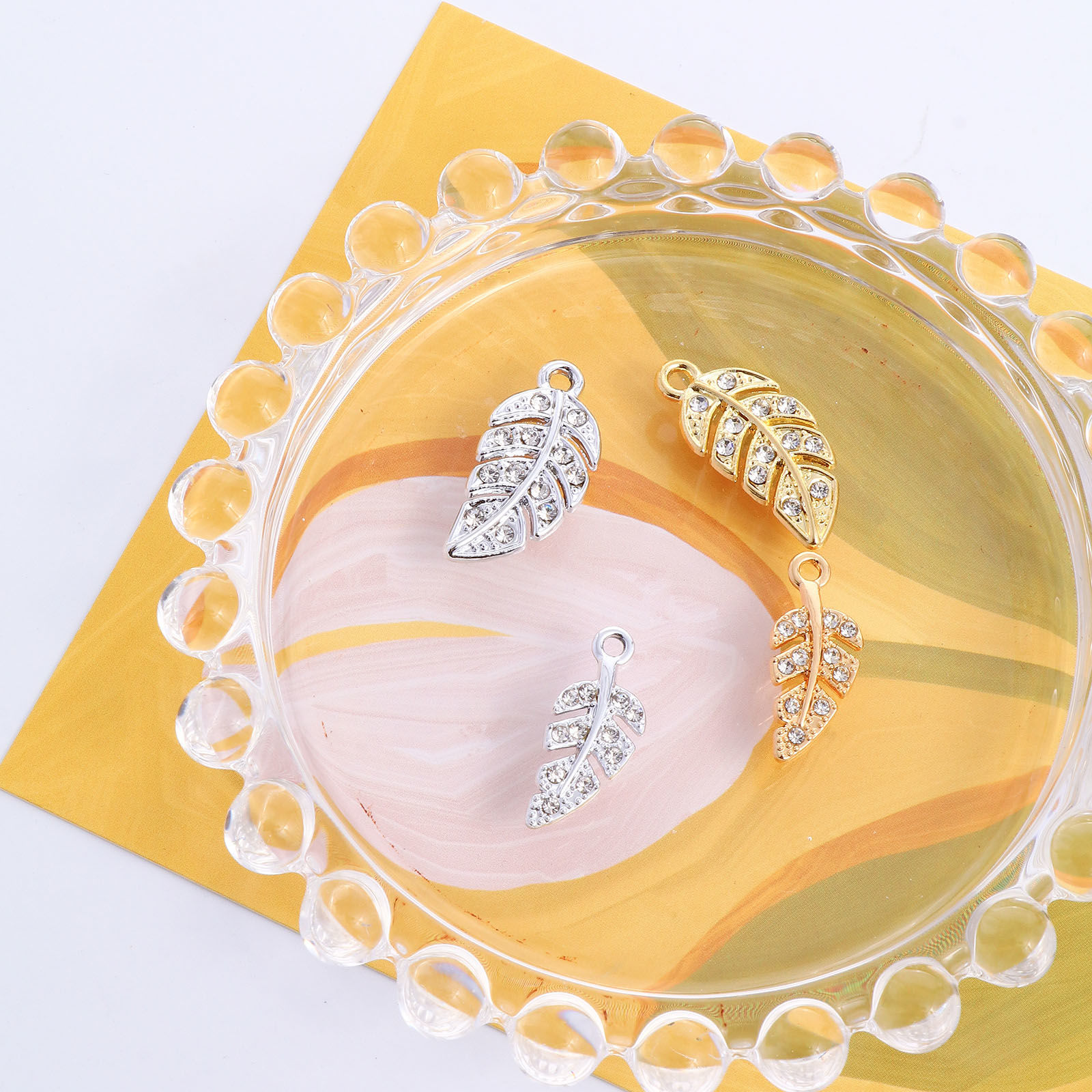 Immagine di Lega di Zinco Charms Foglia Multicolore Trasparente Strass 10 Pz