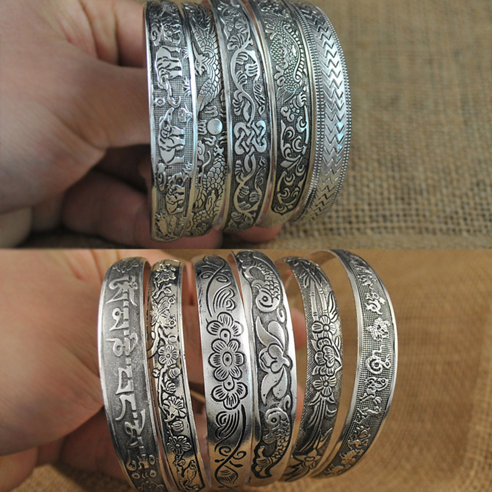 Image de Bracelet Manchette Jonc Semi-Ouvert Style Bohème Argent Vieilli Motif Sculpté 1 Pièce