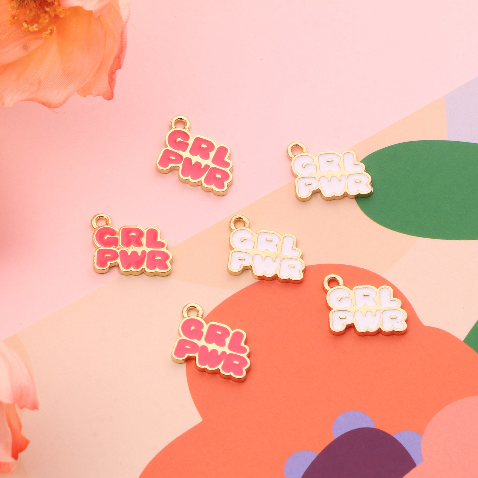 Picture of Zinc Based Alloy Charms Gold Plated Multicolor Girl Power Abbreviation Message " GRL PWR " Enamel 18mm x 15mm