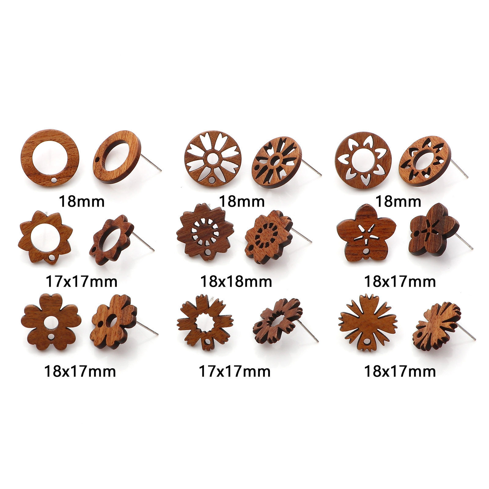 Picture of Natural Wood Ear Post Stud Earrings Findings Round Brown Flower W/ Loop