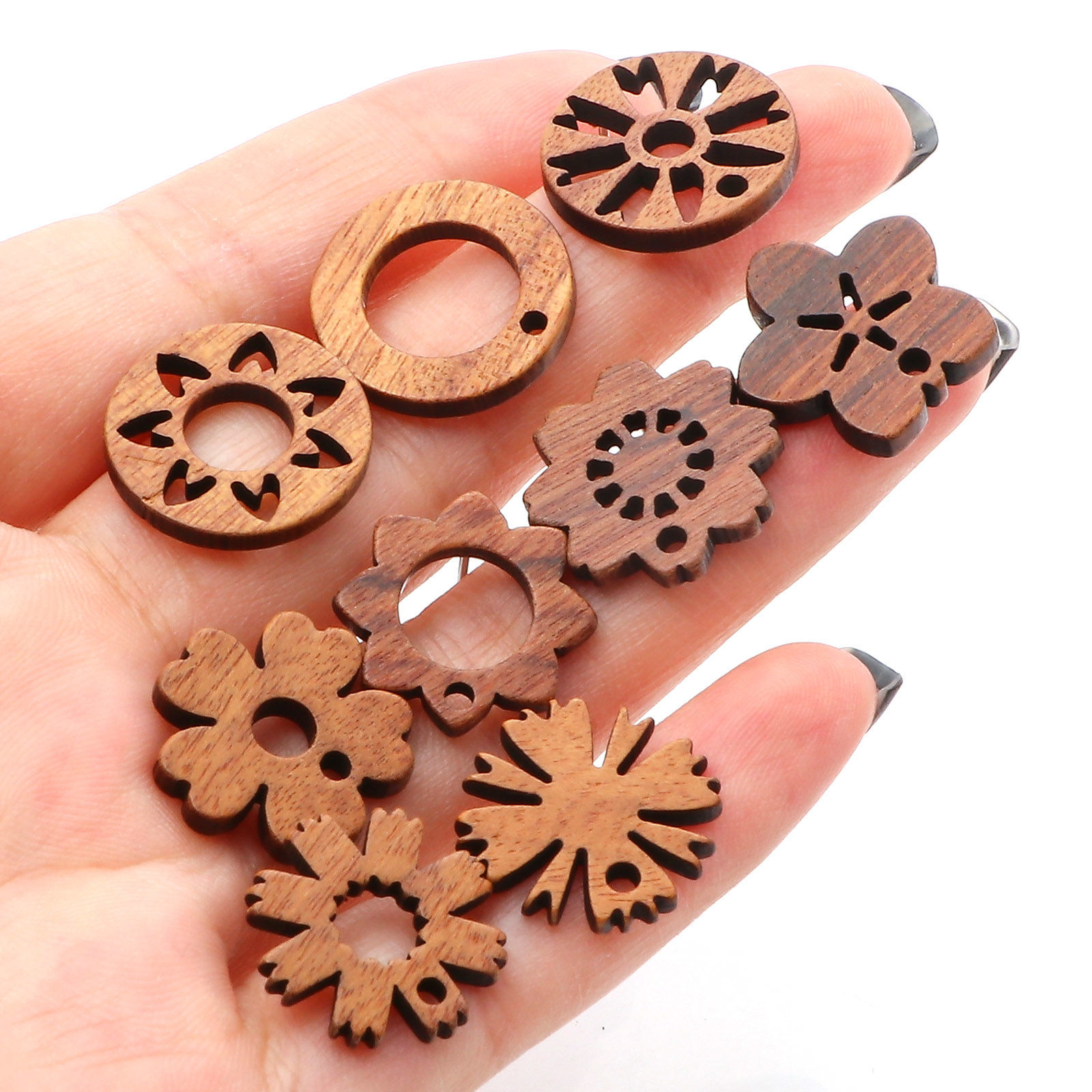 Picture of Natural Wood Ear Post Stud Earrings Findings Round Brown Flower W/ Loop
