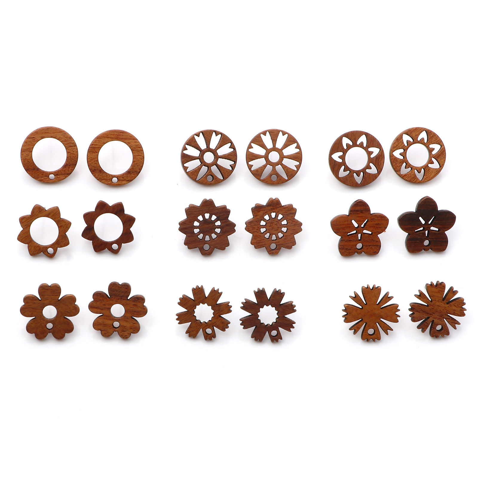 Picture of Natural Wood Ear Post Stud Earrings Findings Round Brown Flower W/ Loop