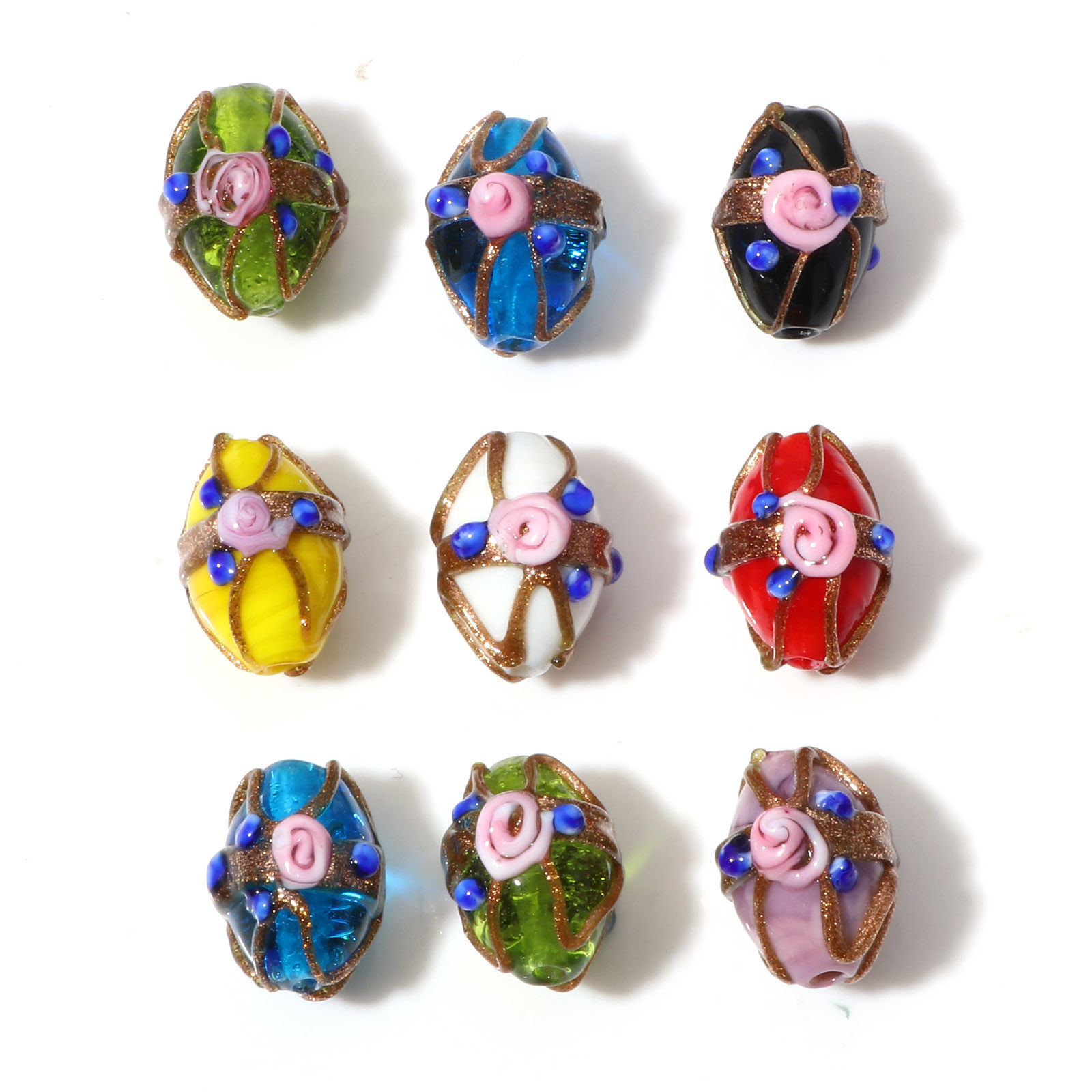 Picture of Lampwork Glass Beads Oval Multicolor Flower About 17mm x 13mm
