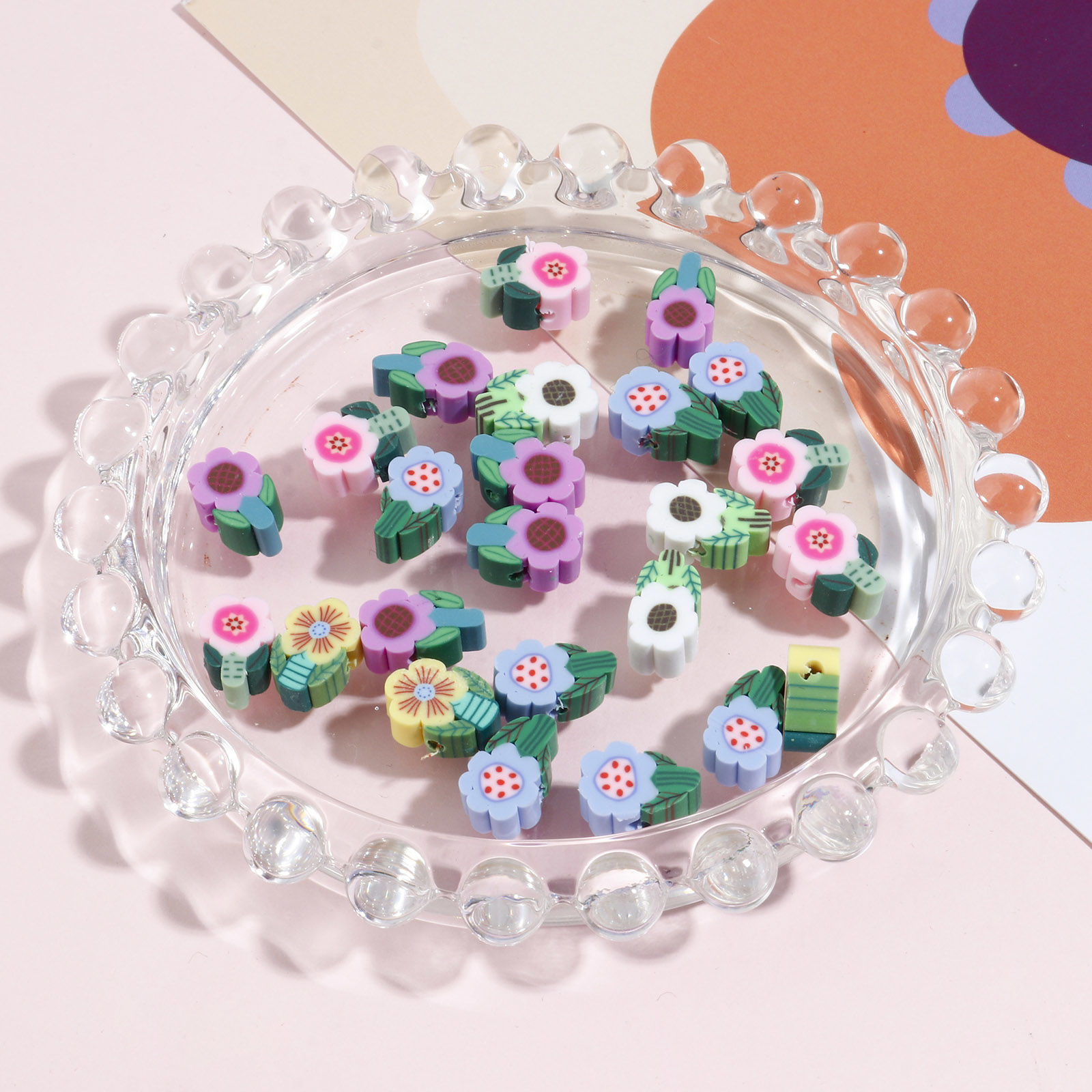 Picture of Polymer Clay Beads Flower Leaves Multicolor About 12mm x 8mm